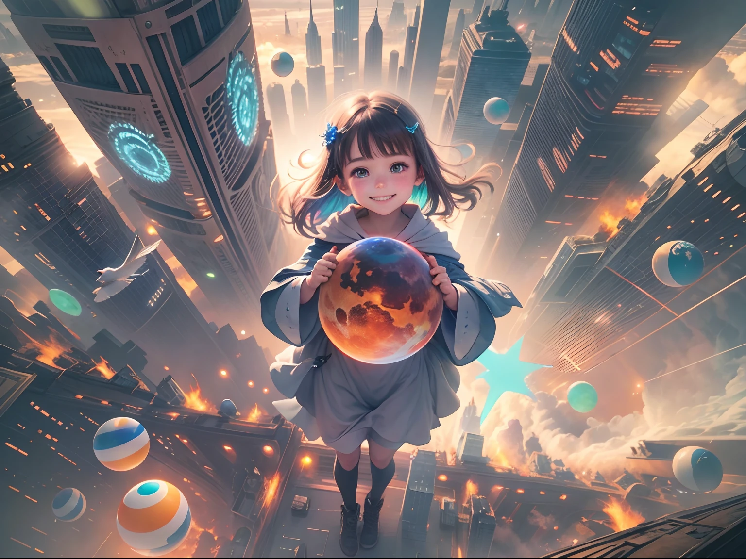 The little girl smiled,Holding a multicolored planet, Being in the air, Bird's eye view, sci fi city, There is glare,
