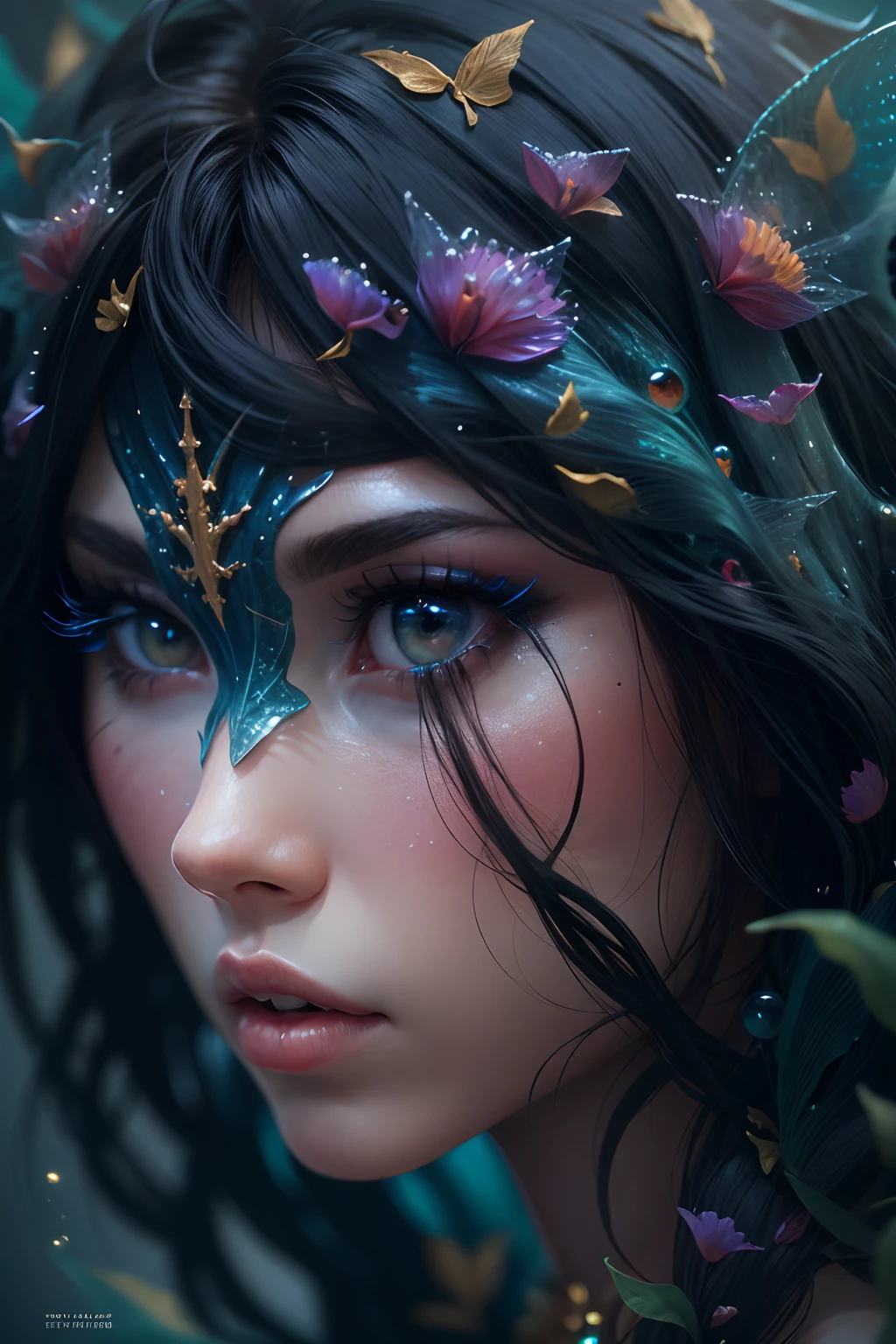 black hair, Surrealism, 8k, super detail, fairy mermaid, close up