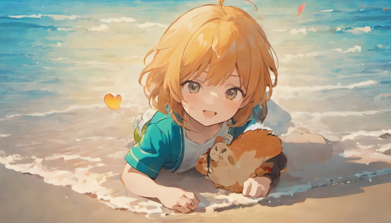 There is a cute cute 4 boy sitting on the beach holding a clock, Beautiful cartoon illustrations, Chinese ancient style,Happy and happy,4K highly detailed facial expressions and features, Healing is a smile,Healing is the baby