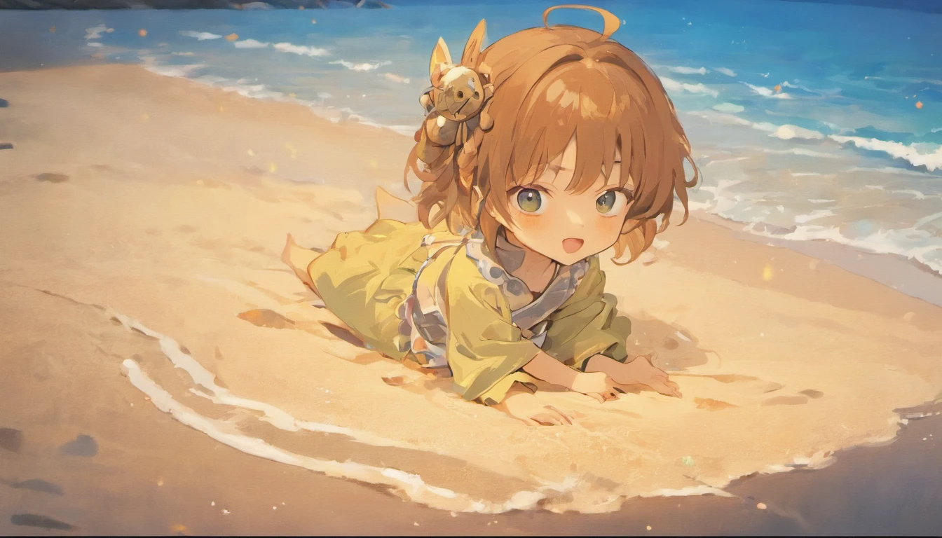 There is a cute cute 4 year old boy sitting on the beach holding a clock, Beautiful cartoon illustrations, Chinese ancient style,Happy and happy,4K highly detailed facial expressions and features, Healing is a smile,Healing is the baby