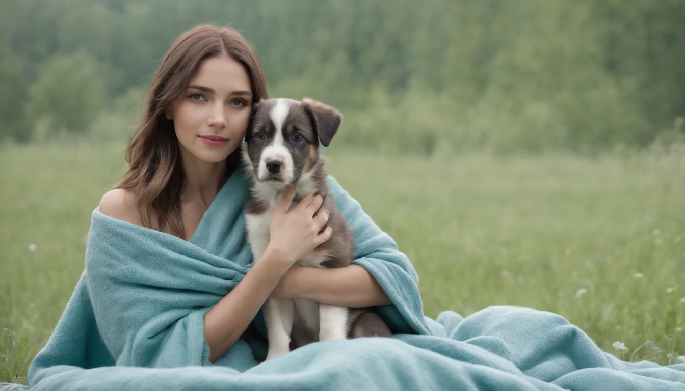 Girl with puppy, solo person，parks, Wrapped in a gray blanket，Picnic mats，Turquoise meadows，bright，in a panoramic view，