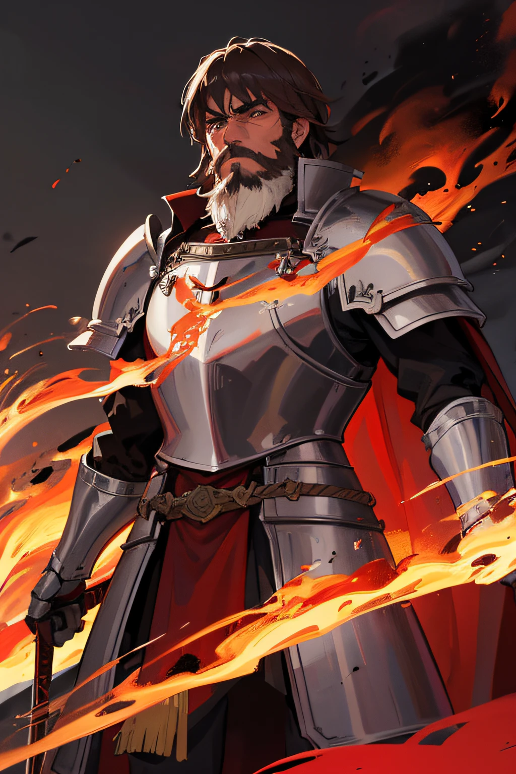 1 man, dnd knight, mature, heavy plate armor, red and gold accents, red cape, blue eyes, short brown aged hair, long brown aged beard, a few grey hairs, fire, red glow, burning, smoke, metal sword, surrounded by fire, heroic pose