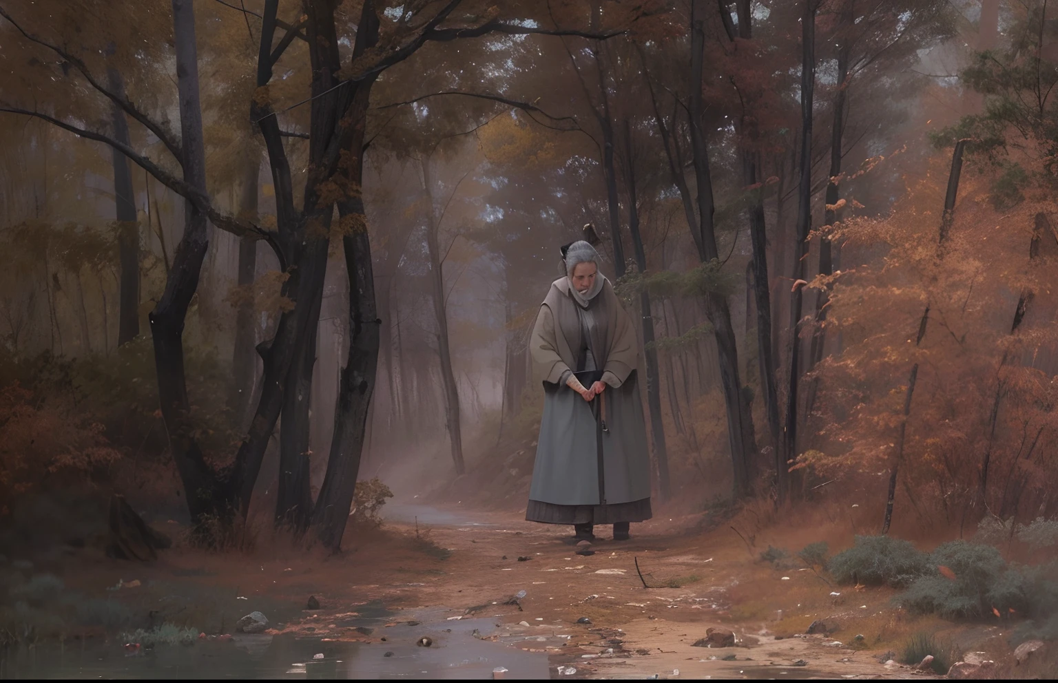 ((An extreme long shot)), far from the camera, far away from the viewer, of an old woman with dark grey hair, short hair neatly in a bun, wearing dirty clothes, in the meads is gathering rushes bundling sticks, at the end of fall in a large wicker basket, using a wool blanket to help cover the stick bundles under the blanket, wearing an old grey dress white shirt and a fringed grey shall, she has a grey cat, grey overcast sky, rainy, drizzle, misty fog, swamp, bogs, shrubs  and dead shrub branches sticking out of the ground. 8k resolution extreme long shot, artistic oil painting hyperdetailed