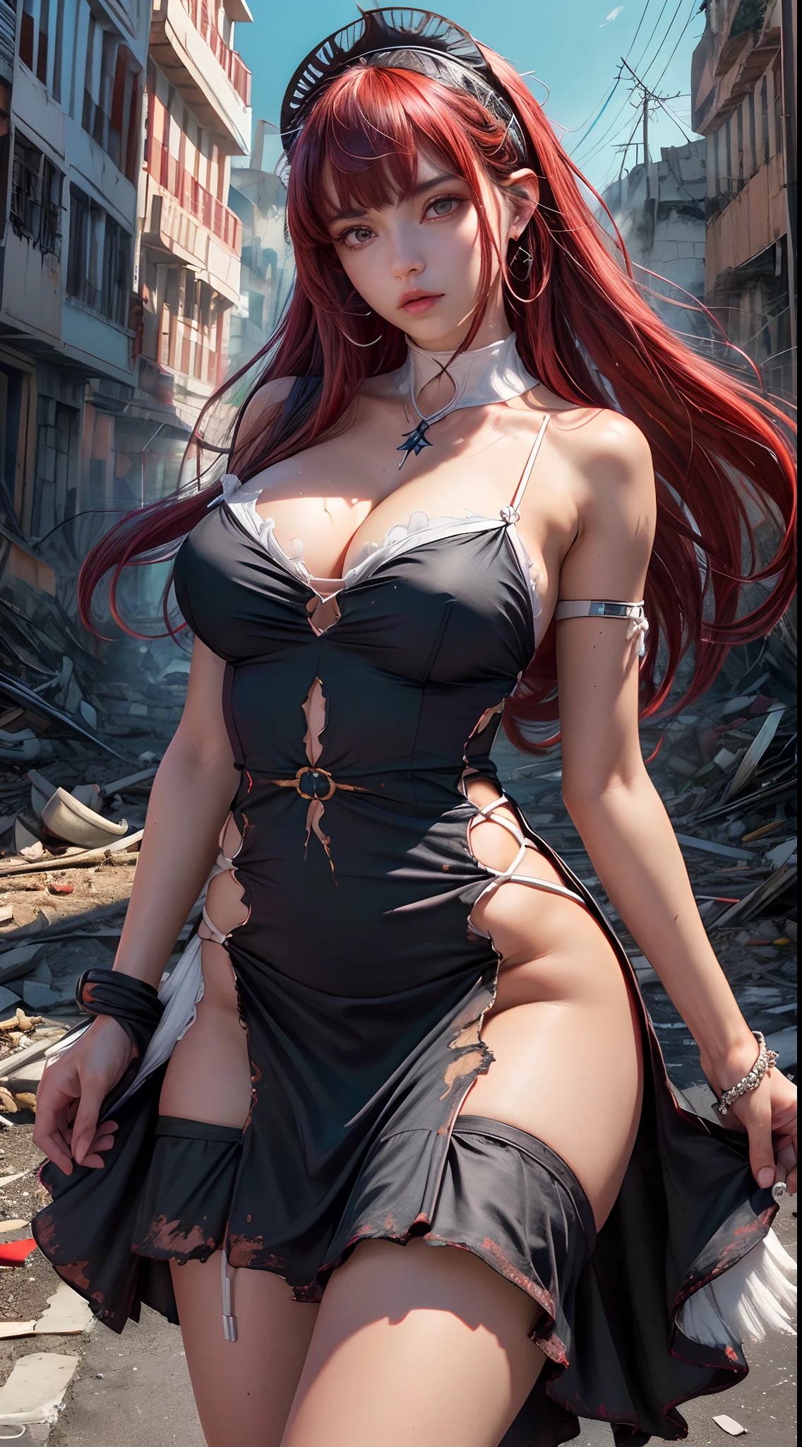 8k, 。.....................................3D, realista, Ultra Micro Photography, of the highest quality, Super detalle CG Unity 8k,Cara perfecta, belleza, hermosa figura, pose orgullosa, Elesis Elsword online, swordswoman, Cabello largo, Pelo rojo, armadura ligera, falda, Medias negras con cordones, (vestido rojo y blanco:1.4), Caballerosa, Vestimenta de caballero, capa blanca, placa pectoral, placa del brazo,hermosa ,(Apocalyptic city destroyed:1.4), (manos:1.4).fuego realista:1.4