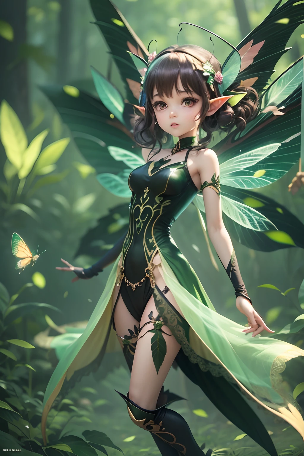 Anime girl in green and black costume on wings and green background, pixie character, fairy, forest fairy, insect trainer girl, brunette elf with fairy wings, pixie, cute 3d anime girl rendering, April rendering, fairy dance, open legs