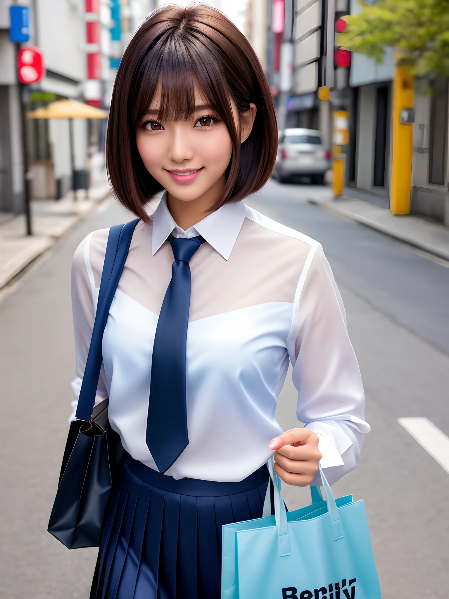 product quality, 1girl, upper body shot, front view, a Japanese young pretty woman, bob hair, walking on a street with a big smile in the morning, glamorous figure, wearing a long sleeves white collared silky shirt with shiny satin dark blue plain tie, wearing a dark blue pleated long skirt, carrying one tote bag over her shoulder, hyper cute face, glossy lips, double eyelids in both eyes, natural makeup, long eyelashes, shiny smooth light brown bob hair, asymmetrical bangs, a tanned skin, central image, high resolution, high detail, detailed hairstyle, detailed face, spectacular cinematic lighting, octane rendering, vibrant, hyper realistic, perfect limbs, perfect anatomy