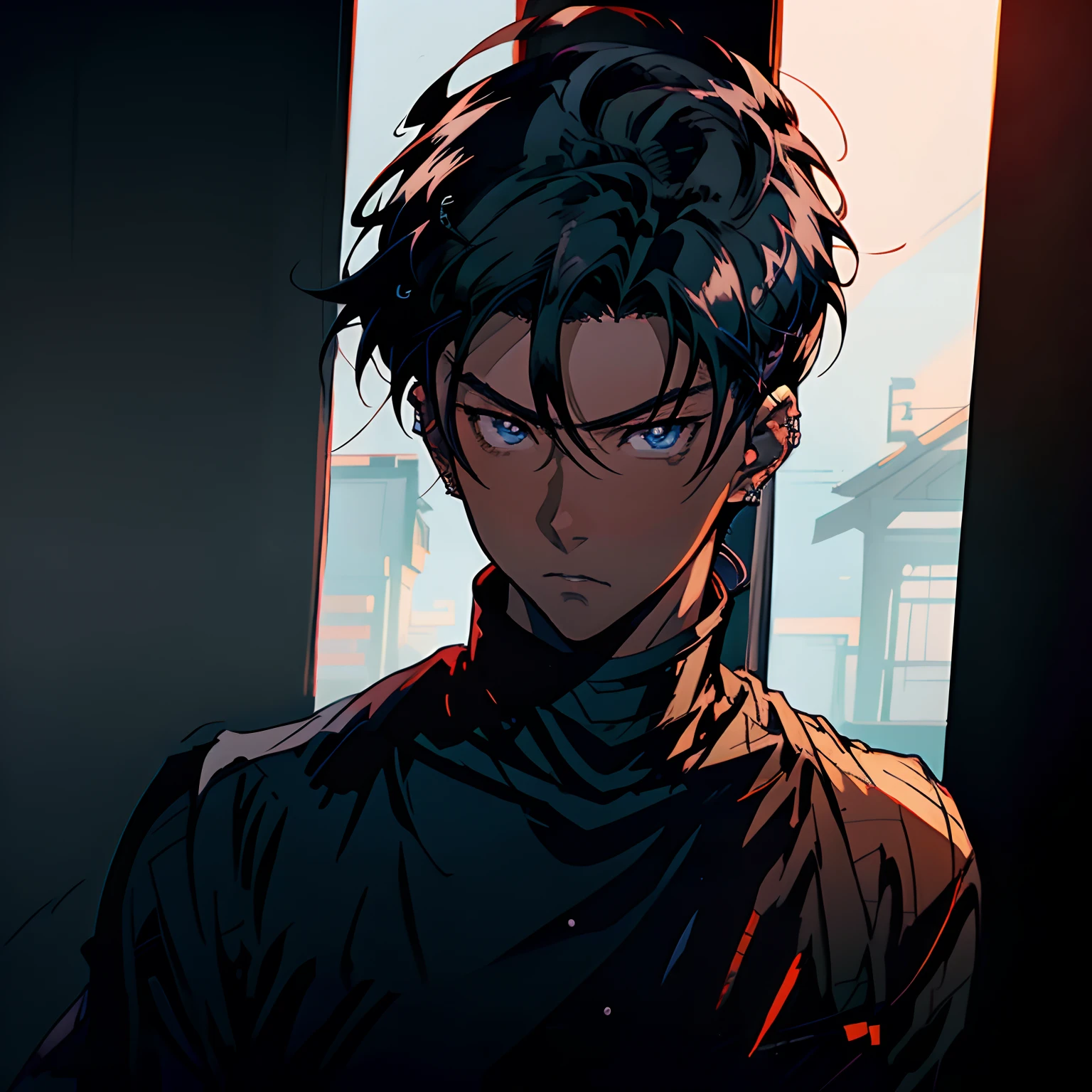 anime guy with black hair and piercings staring at the camera, trigger anime artstyle, male anime character, badass anime 8 k, male anime style, official art, young anime man, handsome guy in demon slayer art, anime handsome man, high quality anime artstyle, handsome anime pose, anime lighting, tall anime guy with blue eyes