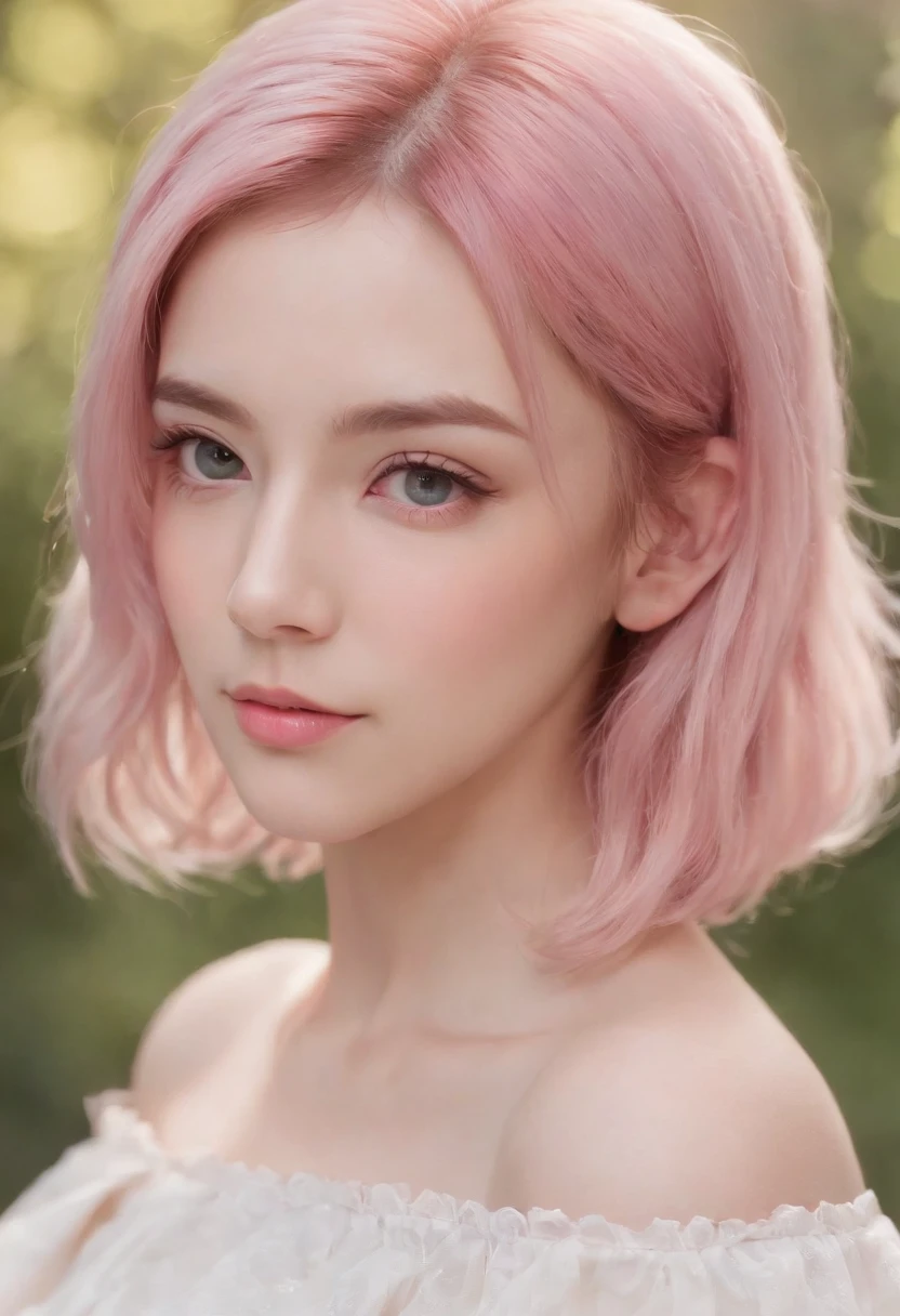 beautiful portrait painting of an anime girl, cute, pink hair, symmetrical face, symmetrical eyes, two identical symmetrical eyes, portrait, beautiful girl, artstation, trending on artstation, gorgeous, smooth skin, cutie, long hair, fantasy style, pastel colors , forest background, FHD, --version 3 --ar 2:3 --uplight --stylize 1250