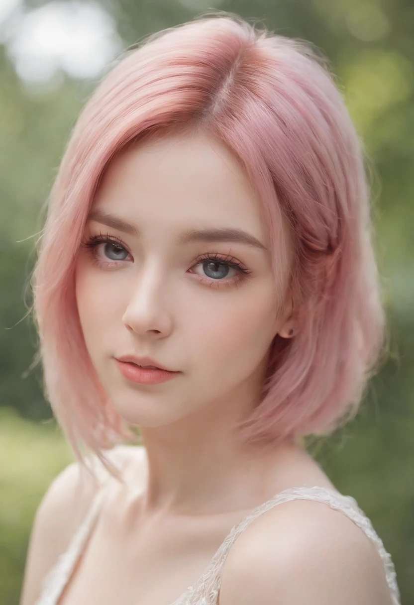 beautiful portrait painting of an anime girl, cute, pink hair, symmetrical face, symmetrical eyes, two identical symmetrical eyes, portrait, beautiful girl, artstation, trending on artstation, gorgeous, smooth skin, cutie, long hair, fantasy style, pastel colors , forest background, FHD, --version 3 --ar 2:3 --uplight --stylize 1250