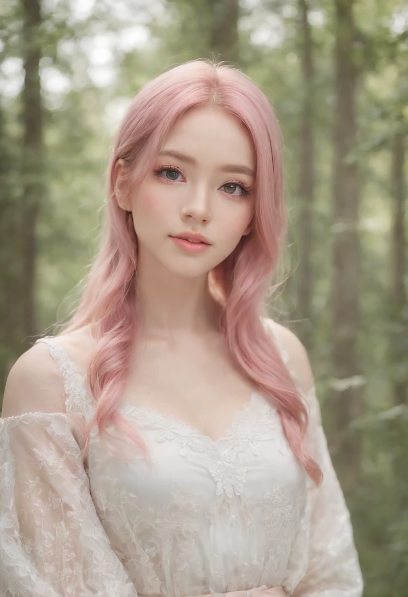 beautiful portrait painting of an anime girl, cute, pink hair, symmetrical face, symmetrical eyes, two identical symmetrical eyes, portrait, beautiful girl, artstation, trending on artstation, gorgeous, smooth skin, cutie, long hair, fantasy style, pastel colors , forest background, FHD, --version 3 --ar 2:3 --uplight --stylize 1250
