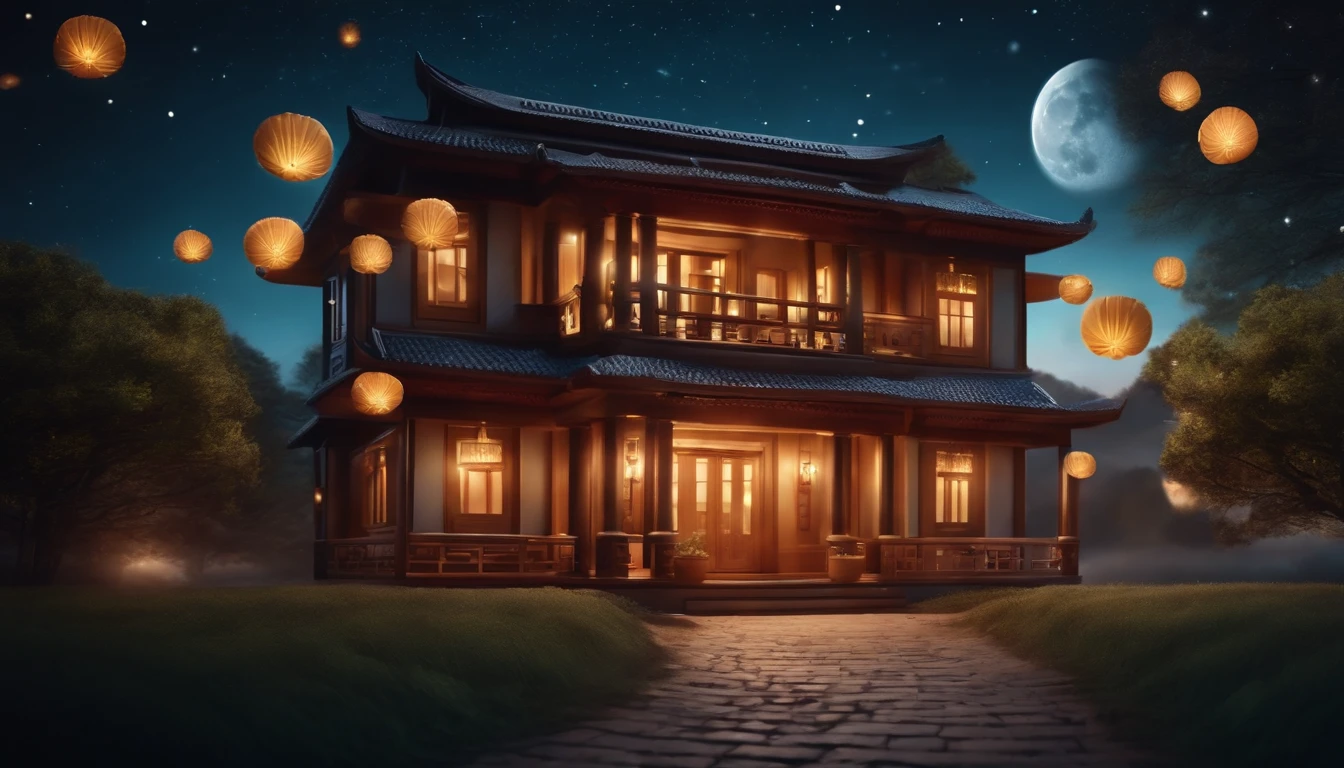 mooncakes, Bright house scene, Full moon and stars in sky illustration