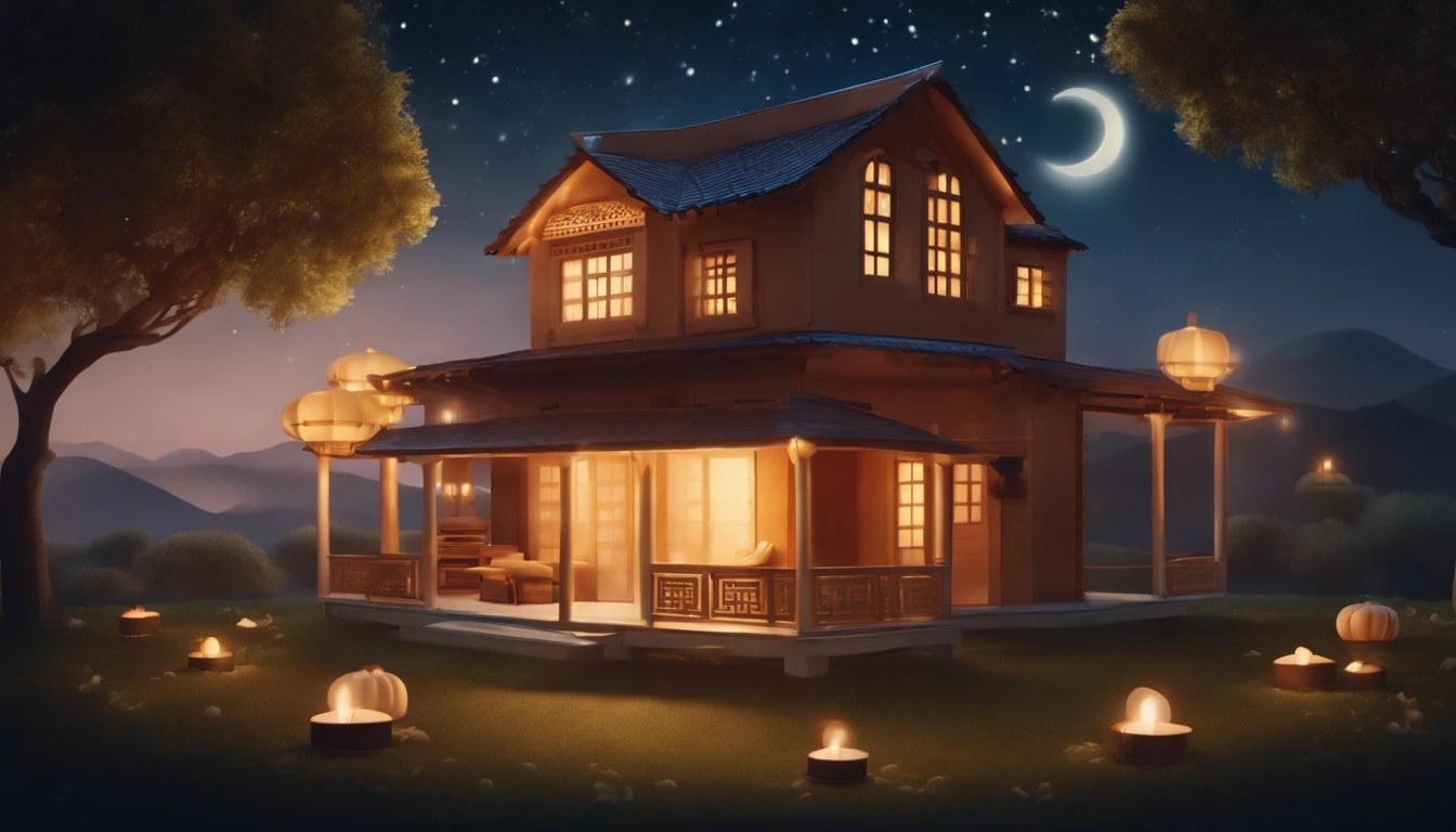 mooncakes, Bright house scene, Full moon and stars in sky illustration