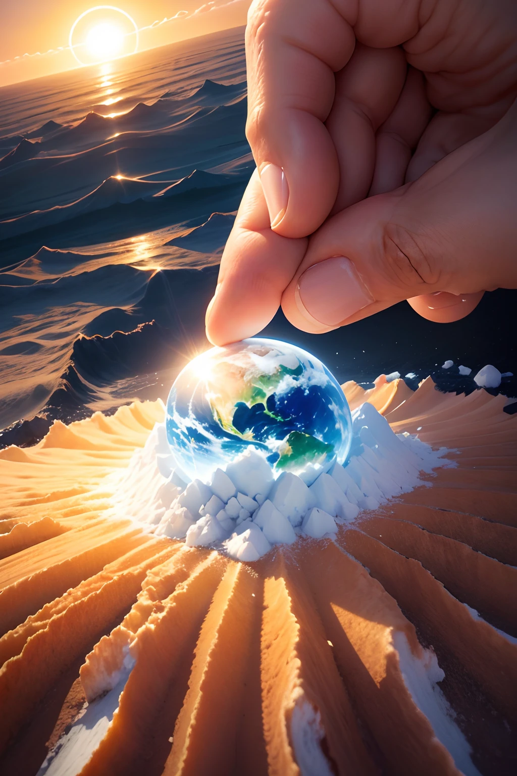 God's hands holding the planet earth with sunlight in the background and a heap of salt underneath the planet