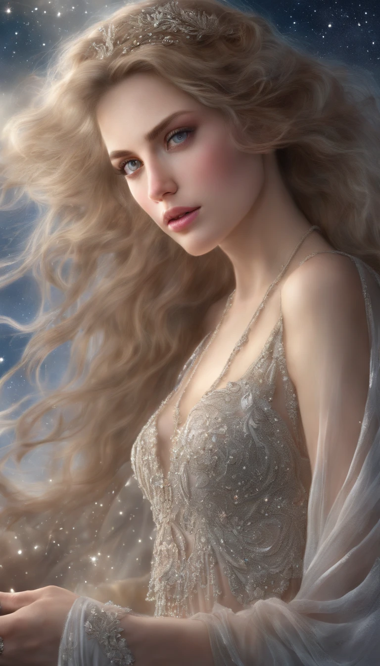 (best quality,ultra-detailed,realistic:1.37),female figure in flowing chiffon dress,beautiful detailed face and lips,exquisite eyes,long eyelashes,tranquil night sky filled with twinkling stars,ethereal atmosphere