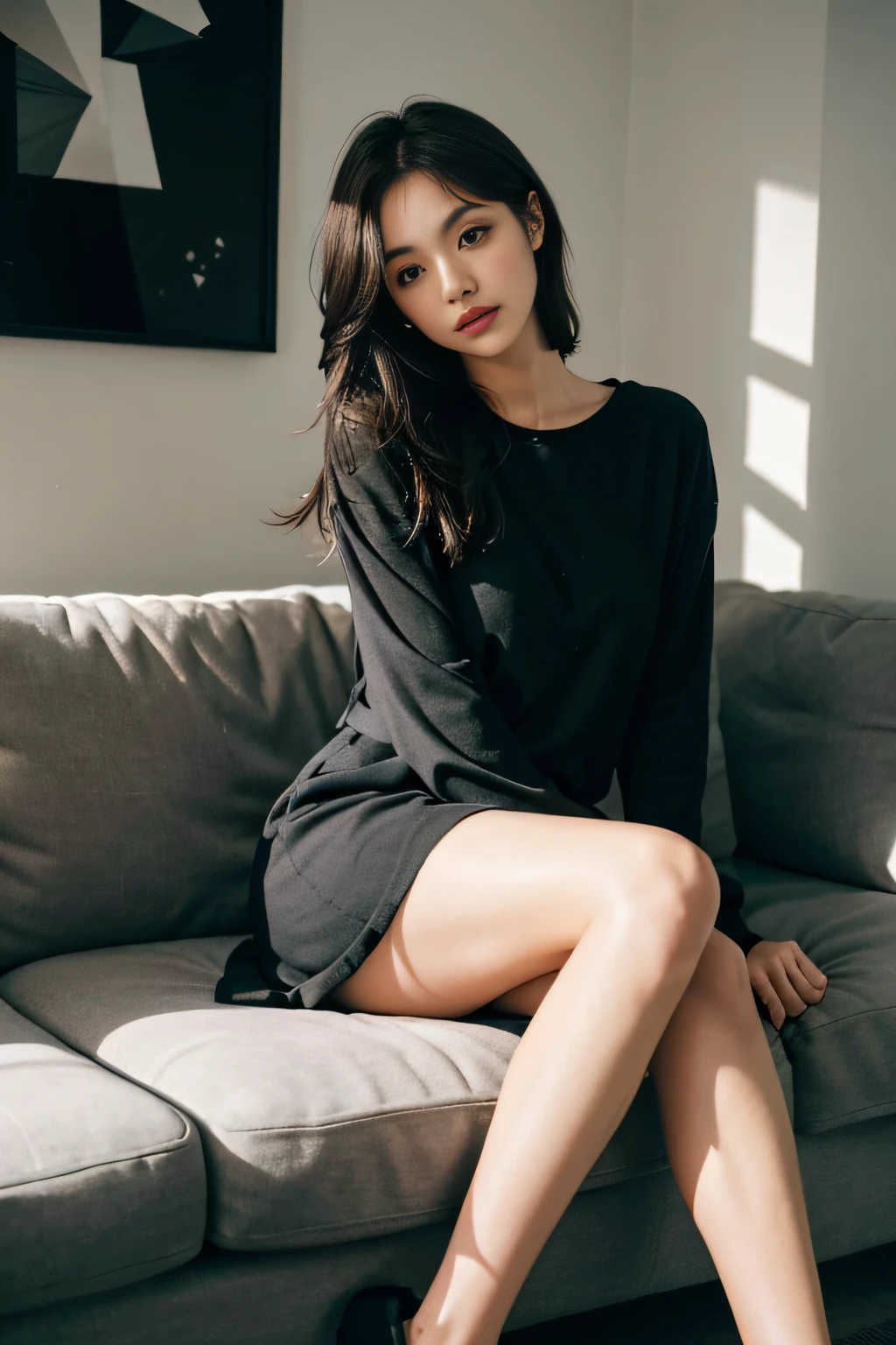 1girll,Sit on a comfortable sofa,Cross ed leg,Soft light,blacksilk
