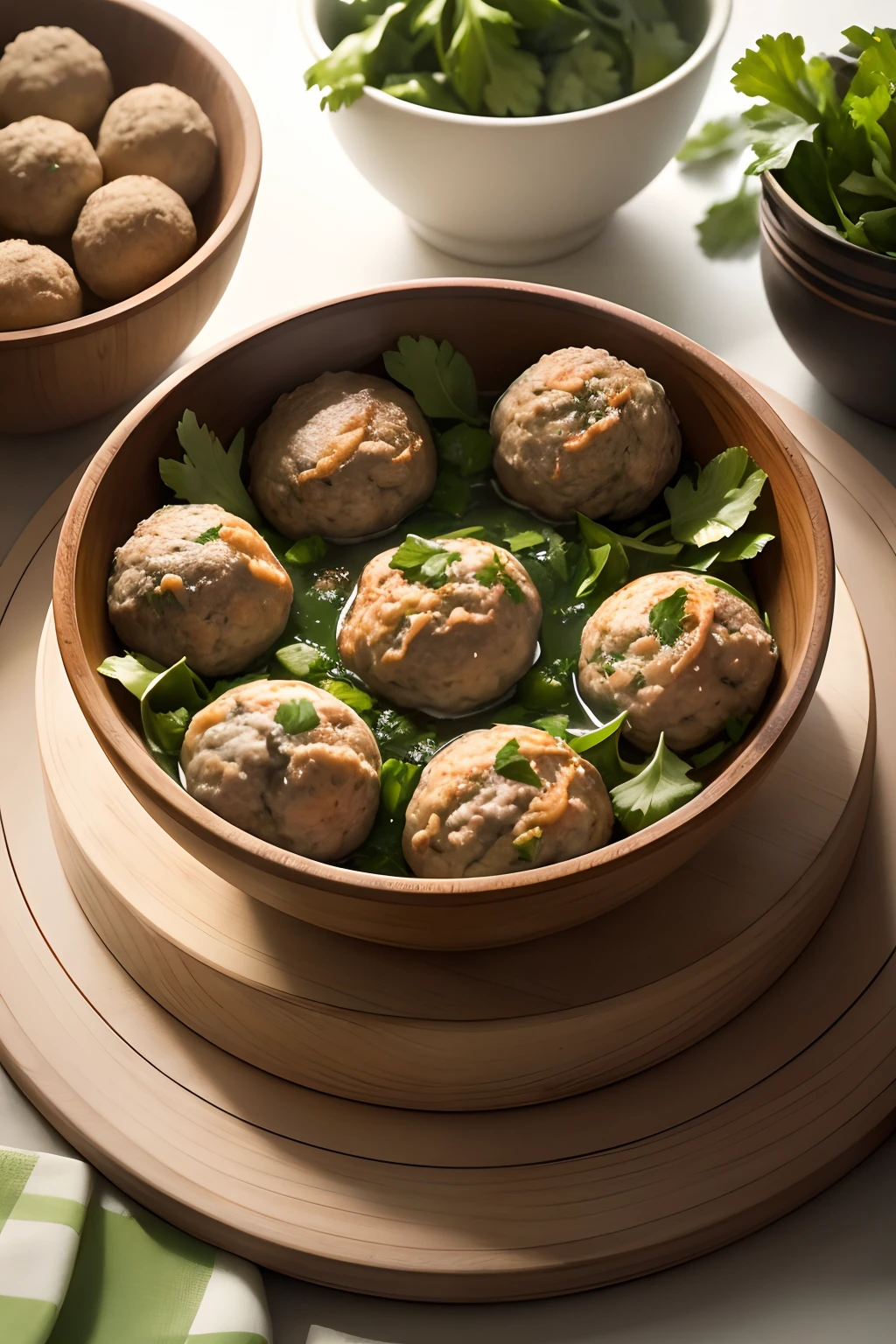 A round bowl,It is filled with steaming hand-beaten meatballs,Put a few pieces of green greens next to it,Bright color
