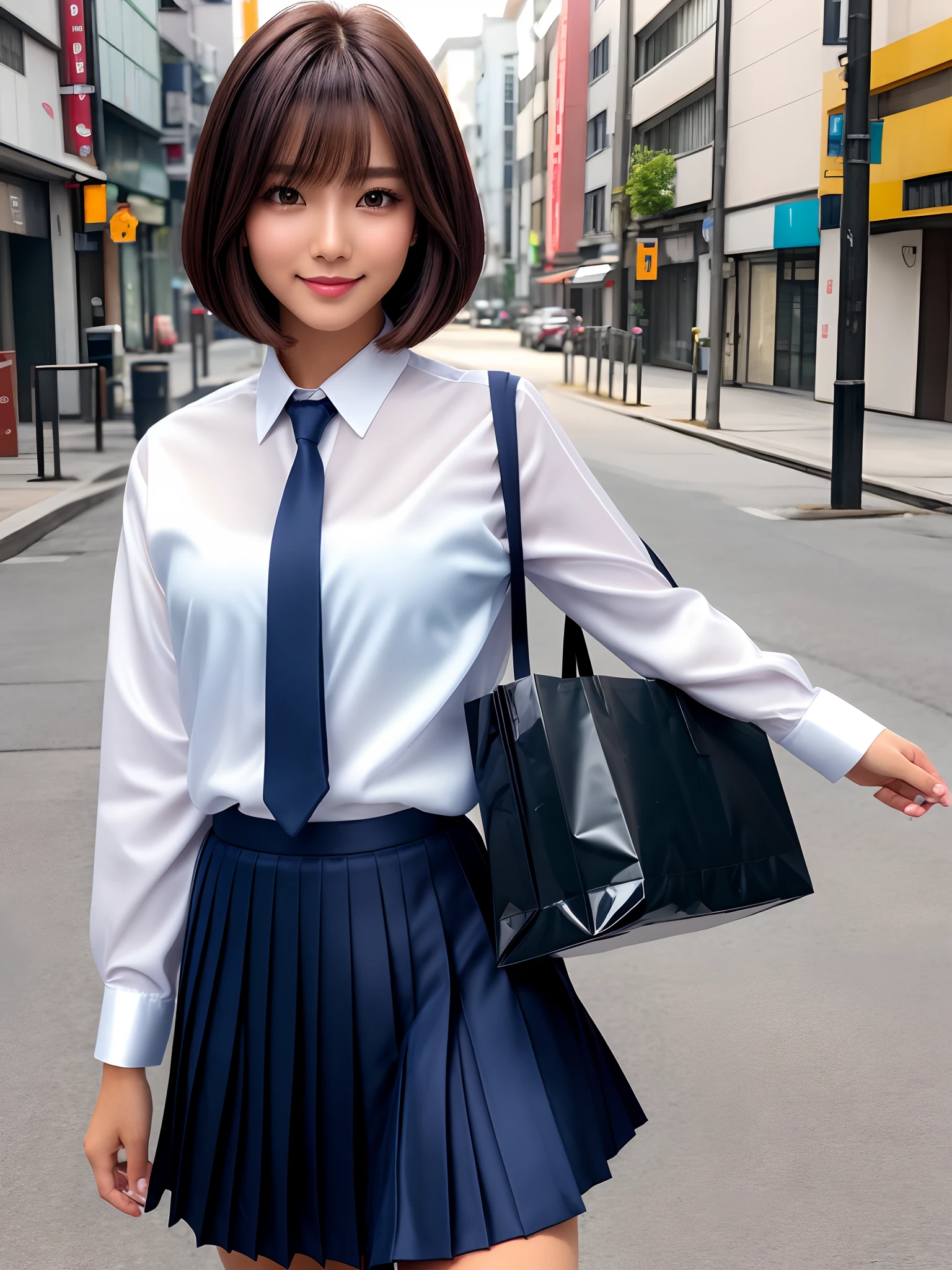 product quality, 1girl, upper body shot, front view, a Japanese young pretty woman, bob hair, walking on a street with a big smile in the morning, glamorous figure, wearing a long sleeves white collared silky shirt with shiny satin dark blue plain tie, wearing a dark blue pleated long skirt, carrying one tote bag over her shoulder, hyper cute face, glossy lips, double eyelids in both eyes, natural makeup, long eyelashes, shiny smooth light brown bob hair, asymmetrical bangs, a tanned skin, central image, high resolution, high detail, detailed hairstyle, detailed face, spectacular cinematic lighting, octane rendering, vibrant, hyper realistic, perfect limbs, perfect anatomy