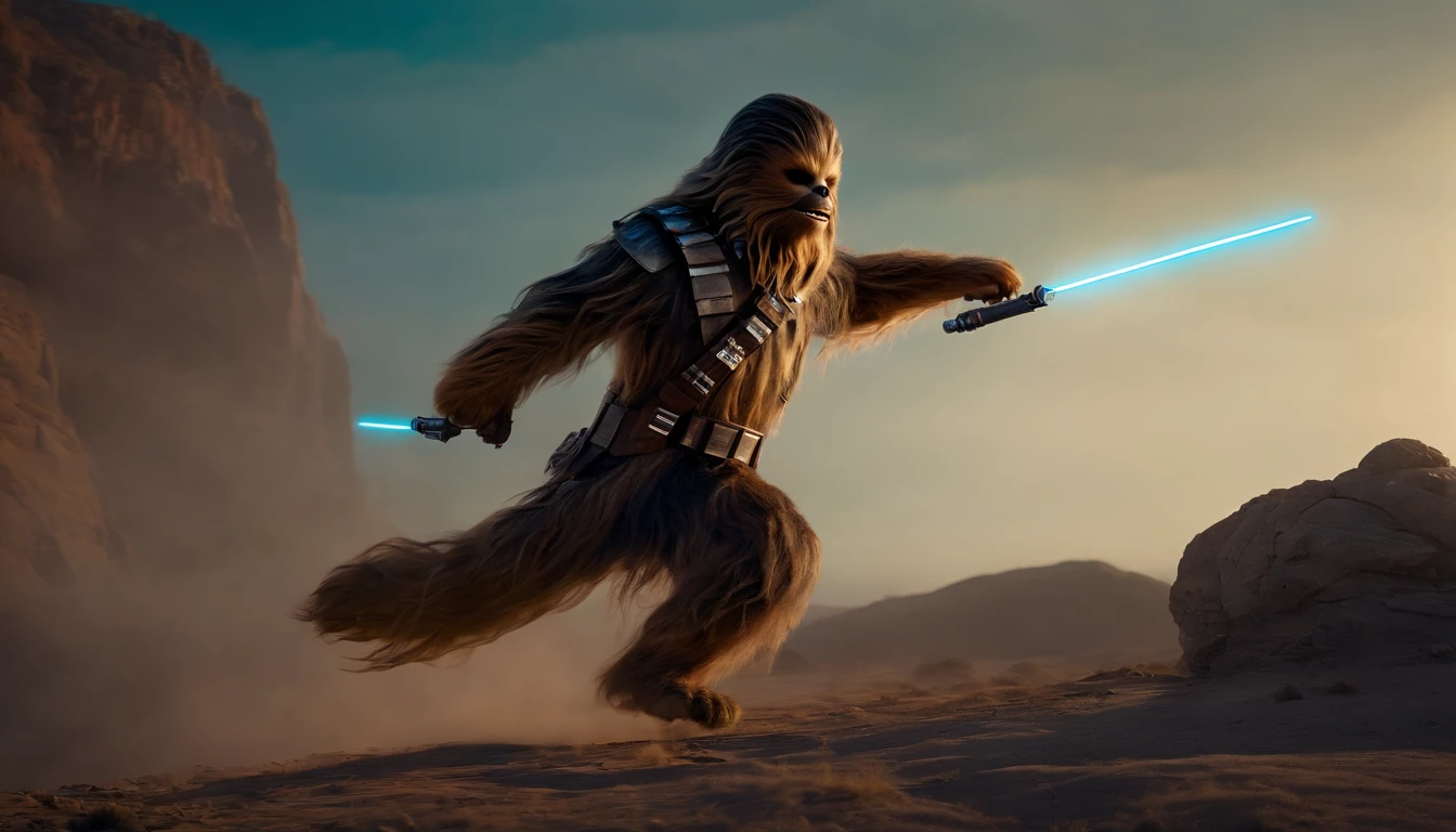 chewbacca as a spartan warrior, jumping in the air, a neon blue light sabers in hand, the sky is a pale hunter green, dying spartans on the ground , bloody armor, epic, 8k