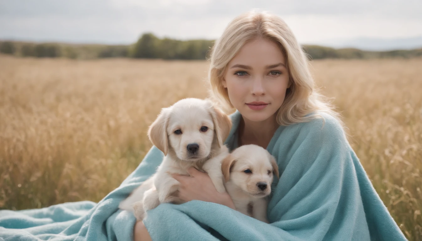 Girl with puppy, parks, Wrapped in a blanket,Picnic mats,Turquoise meadows,bright,