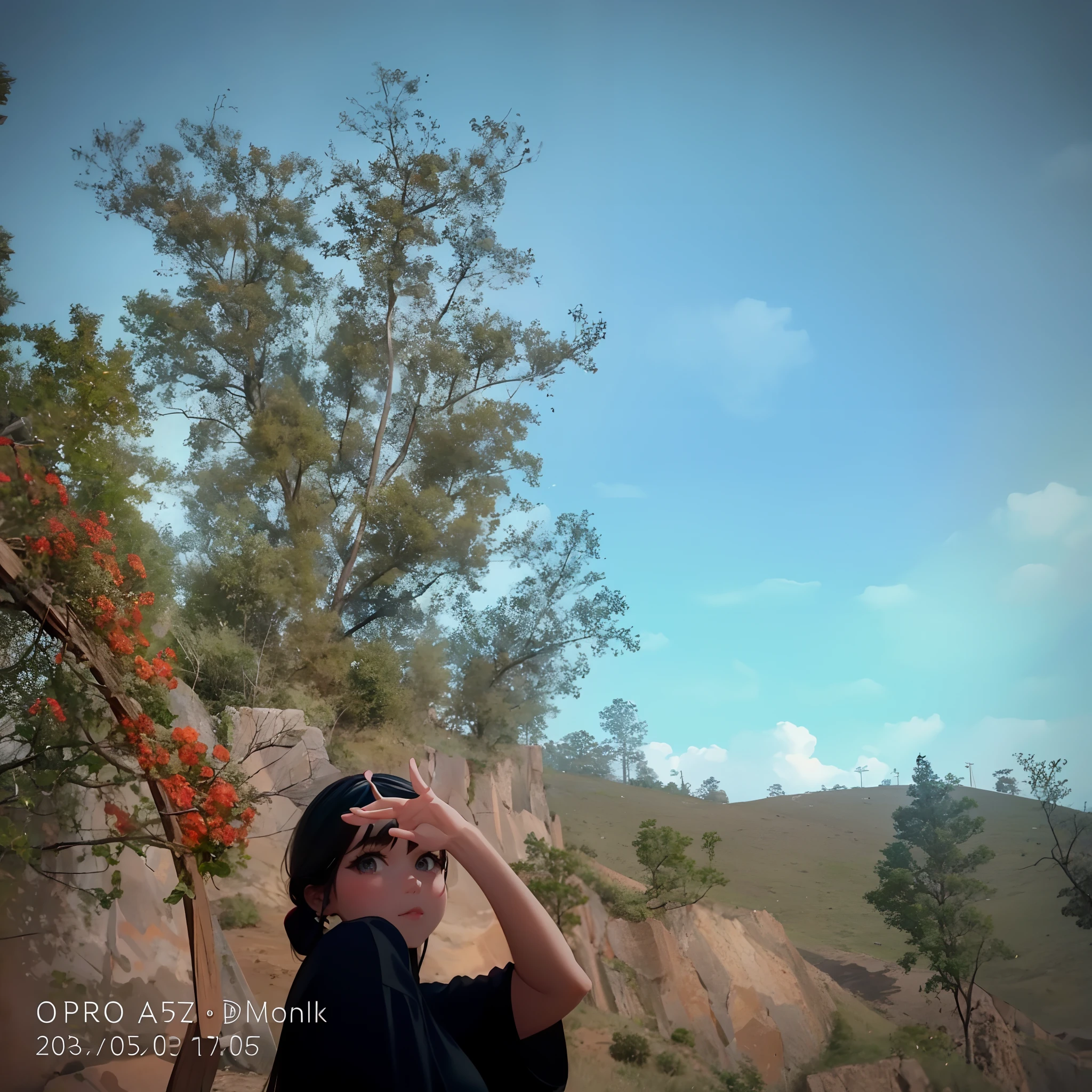 Cute young girl, beautiful scenery, wearing Black shirt, 16k ultra realistic