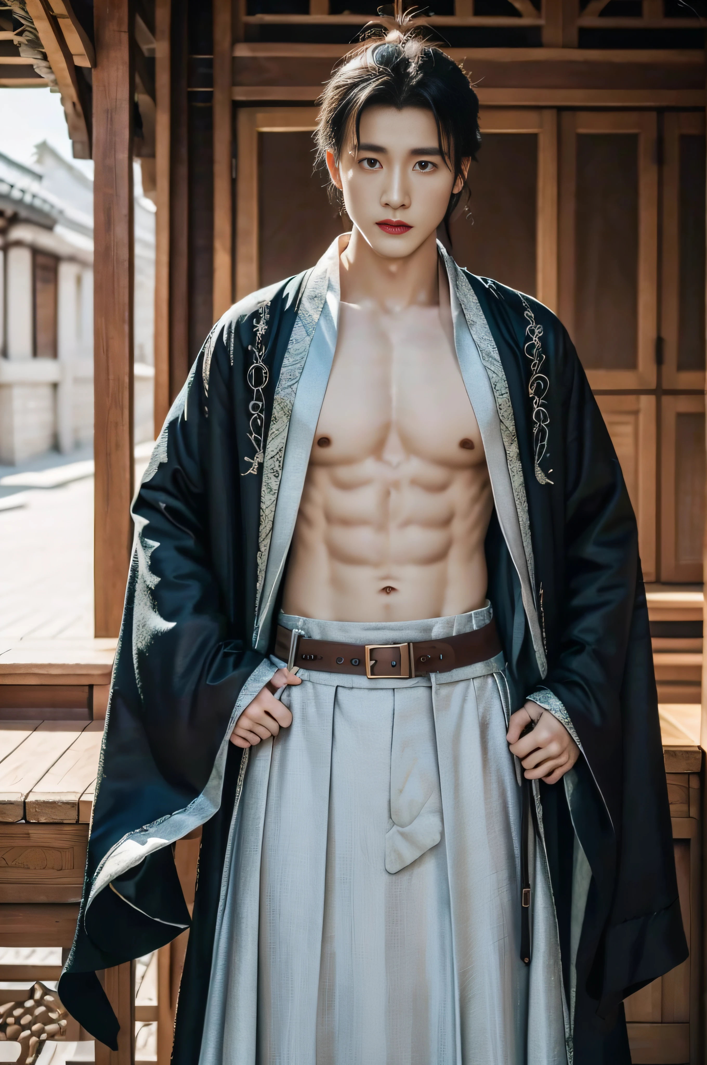 Masterpiece,Best quality,A high resolution,Gufeng Boy,Upper body,Abs, chest muscle，Open the tulle coat，Hanfu