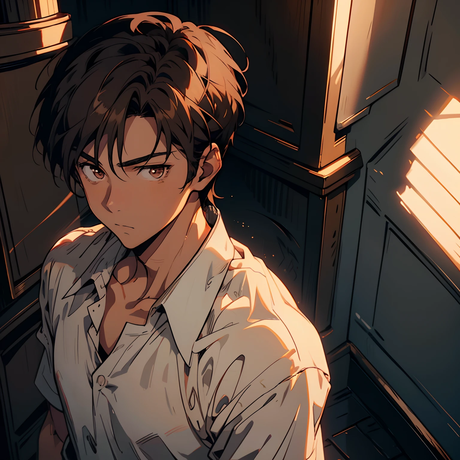 anime guy with brown hair and a white shirt staring at the camera, anime handsome man