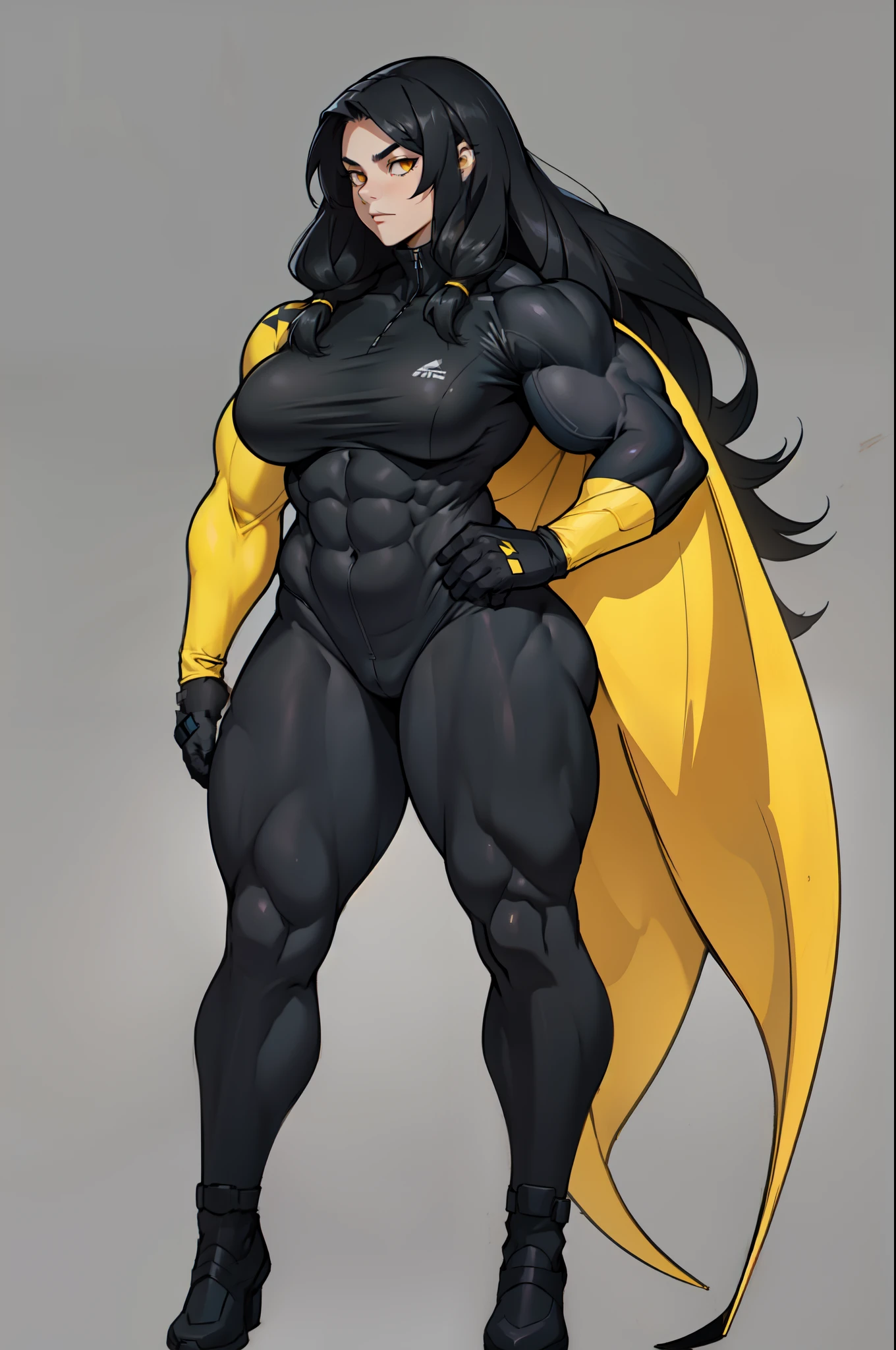 ((very long hair)), ((grey background)), (((((1 girl))))), black hair, yellow eyes, ((((((muscular)))))), tall, pale skin, (full body), bodysuit, (solo), curvy, wide hips, thick thighs, big breasts
