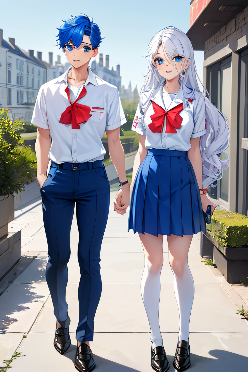 TWINS, MAN, WOMAN, (masterpiece, best quality), KujouCSA, rest, 1 boy, (Teenager) 10 years old, (((10 YEARS))), primary school student, couple, school uniform, white shirt, red bow, dark blue pants, dark blue skirt, blue eyes, blue-white hair, turquoise hair, medium, wavy hair, innocent smile, friendly expressions, light skin, twins of each gender, looking at the viewer, photo of the upper part of the body, patio of a mansion. (((((BOY AND GIRL, TWINS,)))))