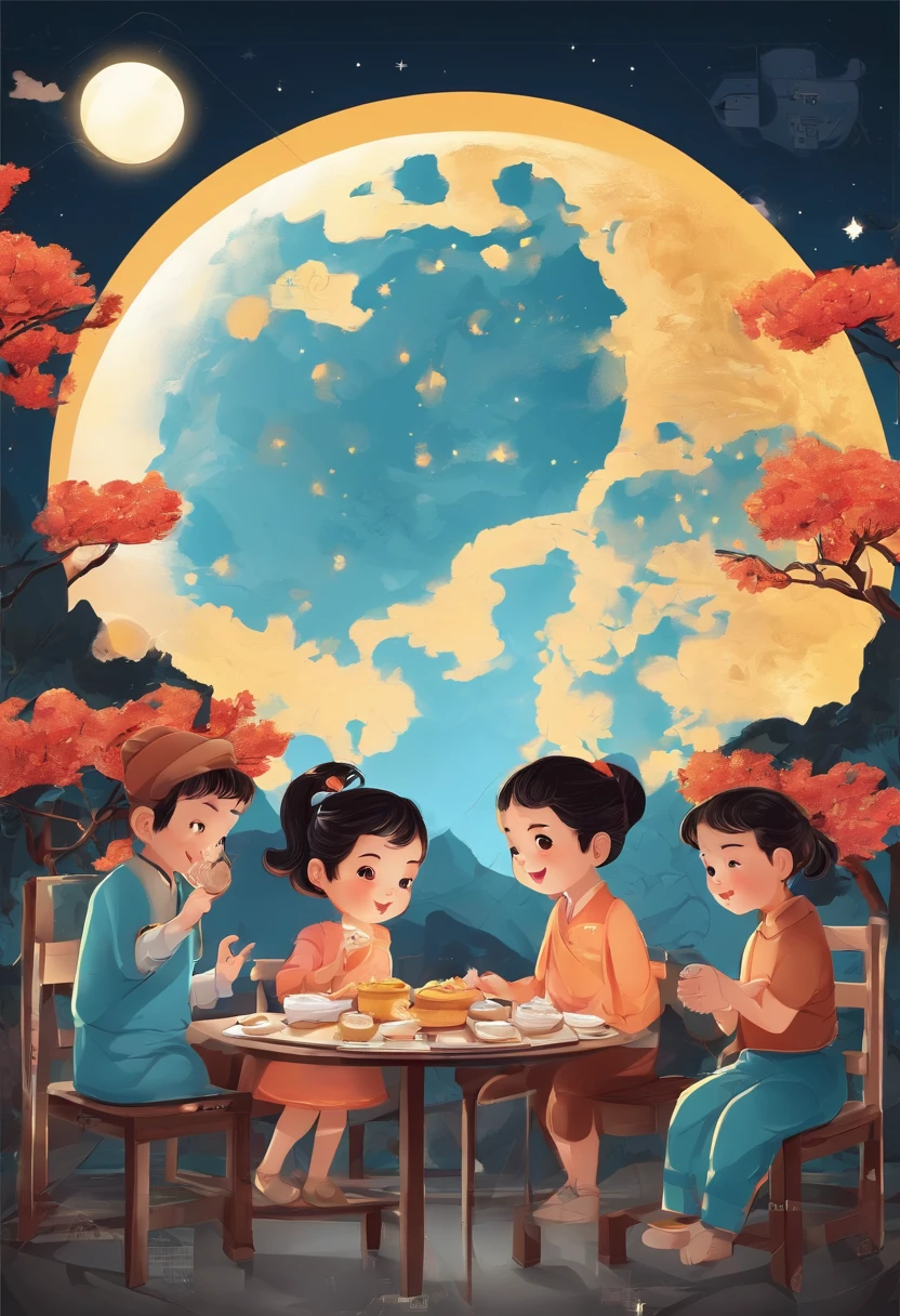 Full moon and stars in sky illustrationThe family sits together eating mooncakes, Have in the living room、Bright house scene,extremely detailed face and skin,Heartwarming scene,perfect detail