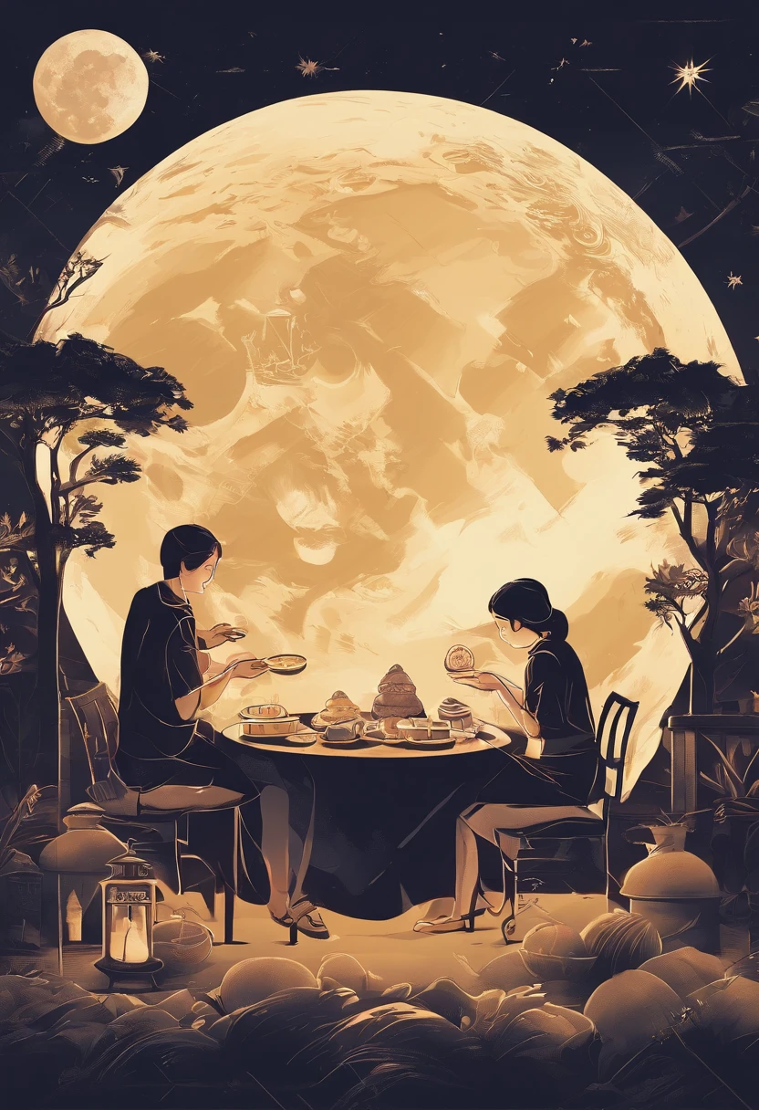 Full moon and stars in sky illustrationThe family sits together eating mooncakes, Have in the living room、Bright house scene，extremely detailed face and skin，Heartwarming scene，perfect  detail