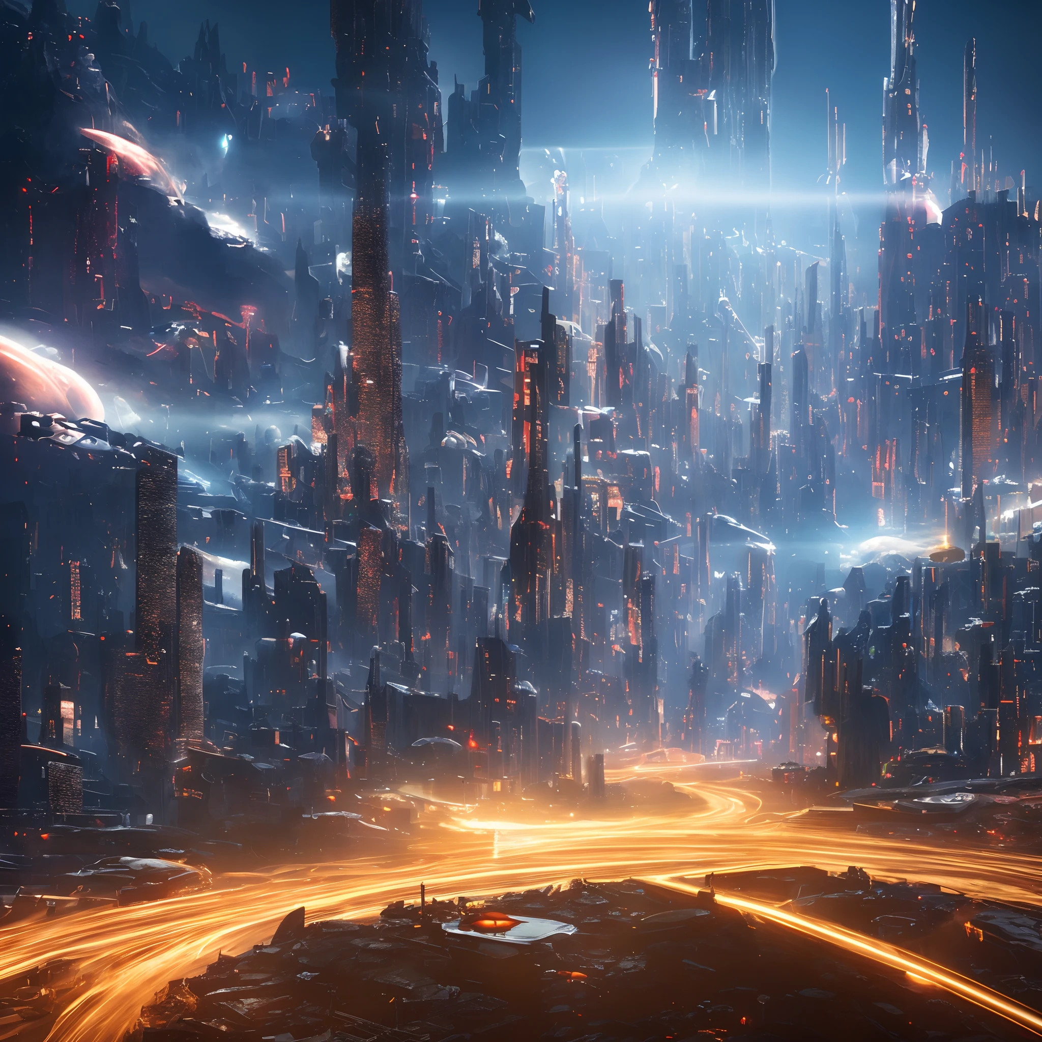 futuristic sci-fi cityscape, science fiction, surreal, high resolution, city