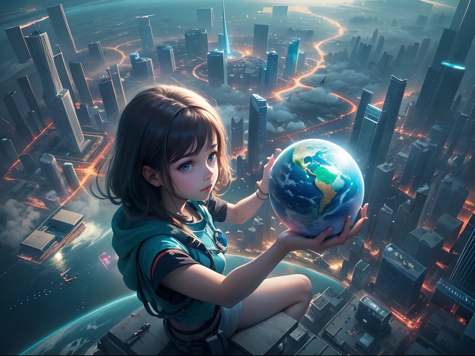 bit girl,Holding the blue planet in hand, Being in the air, Bird's eye view, sci fi city, There is glare,