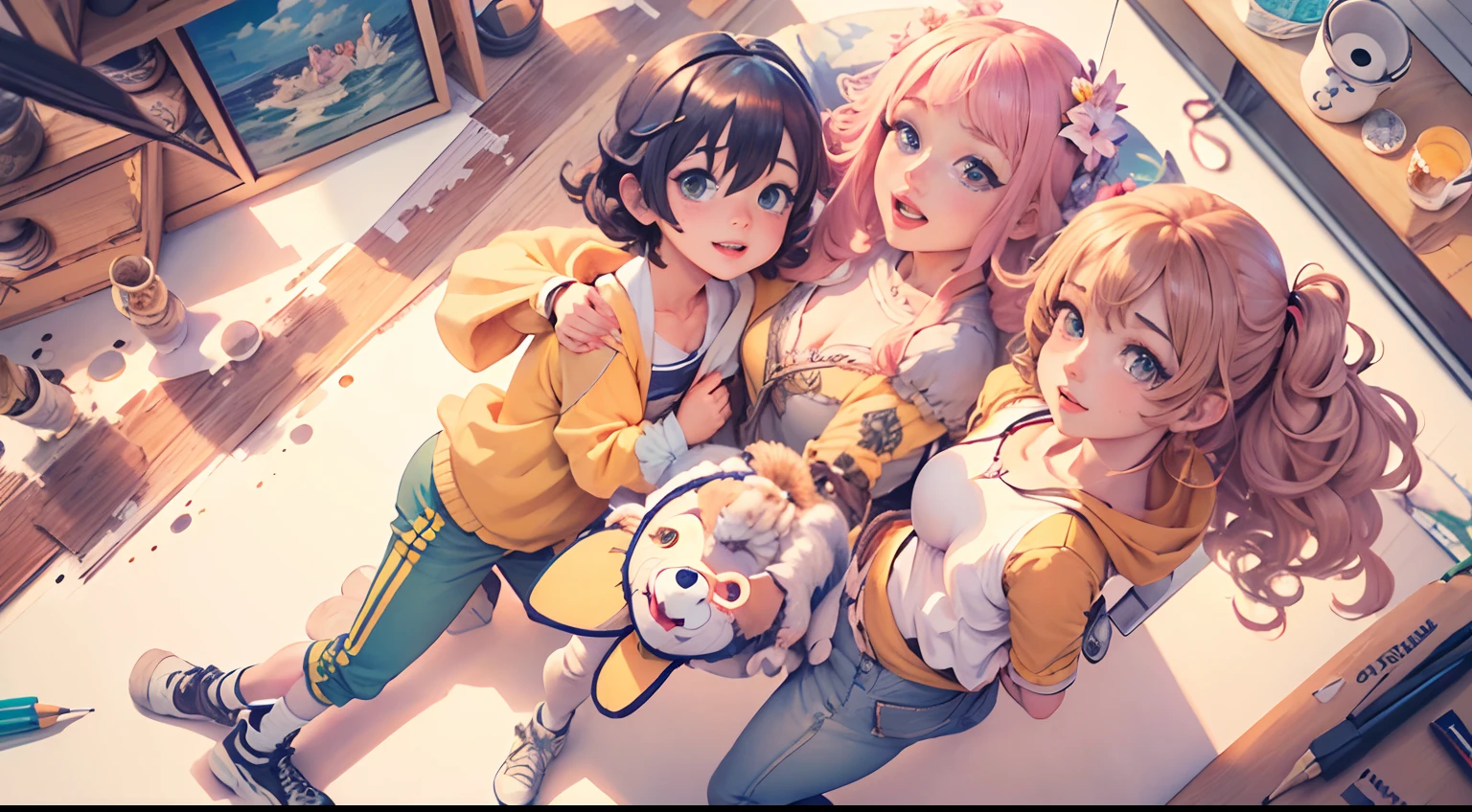 (masterpiece:1.4), (best quality:1.4), extremely detailed, intricate, hyper detailed, (PERFECT FACE), illustration, soft lighting, colorful, from_above, sunny filter, 5 people group, 3 girls, 2 boys, anime, happy