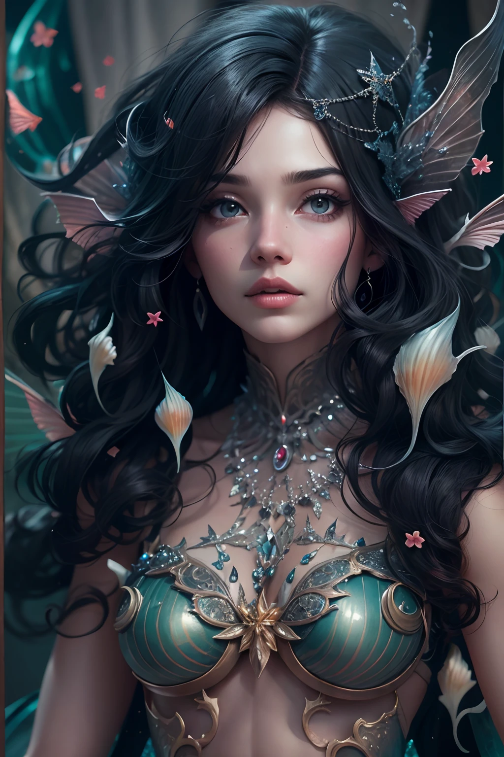 black hair, Surrealism, 8k, super detail, fairy mermaid, upper body