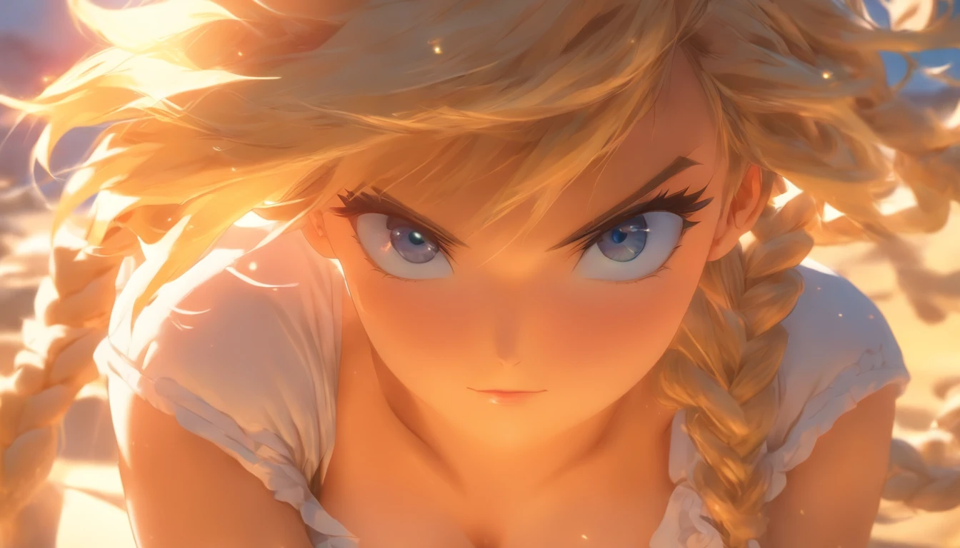 ​master piece,((ultra-detailliert,Illustration)),1 woman,Cowboy Shot,Cute,Blue eyes,Detail Eyes, Side braid,bob cuts,(Parted bangs),Medium Hair,Shiny hair,Blonde hair,embarrassed, slender,medium breasts,,Authentic skin texture,beautiful deatailed shadow,Sunlight,(Backlight),nose blush,hair messy,best light,Deep Shadows,(cleavage,鎖骨,Open clothes,bared  chest,No bra,),School uniform,Sailor Suit,