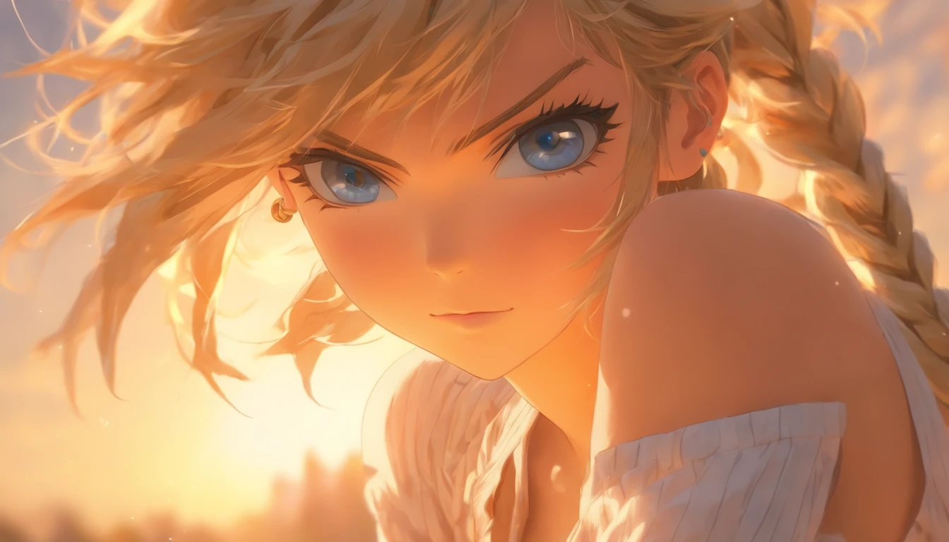 master piece,((ultra-detailliert,Illustration)),1 woman,Cowboy Shot,Cute,Blue eyes,Detail Eyes, Side braid,bob cuts,(Parted bangs),Medium Hair,Shiny hair,Blonde hair,embarrassed, slender,medium breasts,,Authentic skin texture,beautiful deatailed shadow,Sunlight,(Backlight),nose blush,hair messy,best light,Deep Shadows,(cleavage,鎖骨,Open clothes,bared chest,No bra,),School uniform,Sailor Suit,