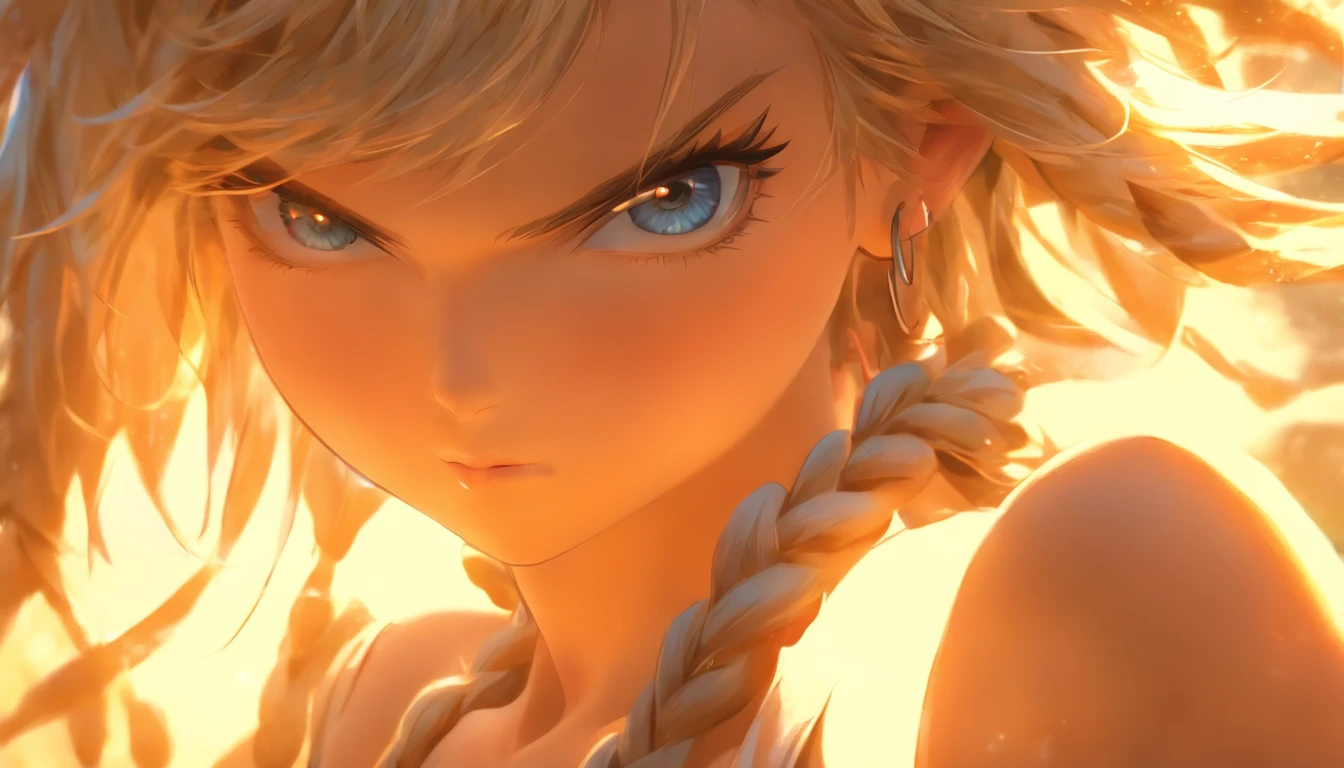 master piece,((ultra-detailliert,Illustration)),1 woman,Cowboy Shot,Cute,Blue eyes,Detail Eyes, Side braid,bob cuts,(Parted bangs),Medium Hair,Shiny hair,Blonde hair,embarrassed, slender,medium breasts,17 years old,Authentic skin texture,beautiful deatailed shadow,Sunlight,(Backlight),nose blush,hair messy,best light,Deep Shadows,(cleavage,鎖骨,Open clothes,bared chest,No bra,),School uniform,Sailor Suit,