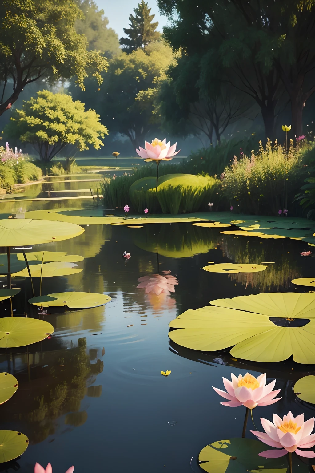 There are many lotus flowers by the pond,There are two birds flying next to it,8k