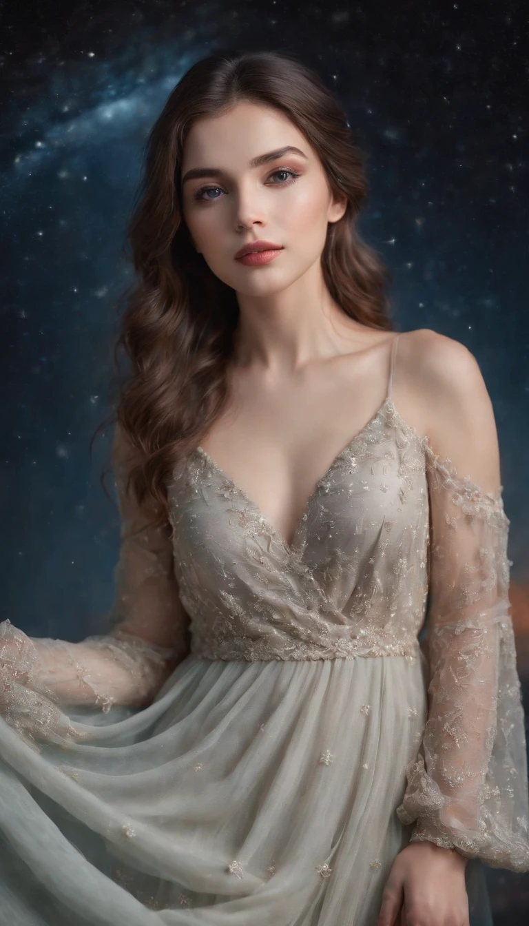 (Best quality,Ultra-detailed,Realistic:1.37),Image of a woman in a flowing chiffon dress,Beautiful and delicate face and lips,Elaborate Eyes,Long eyelashes,Peaceful night sky,The stars twinkle,Ethereal atmosphere