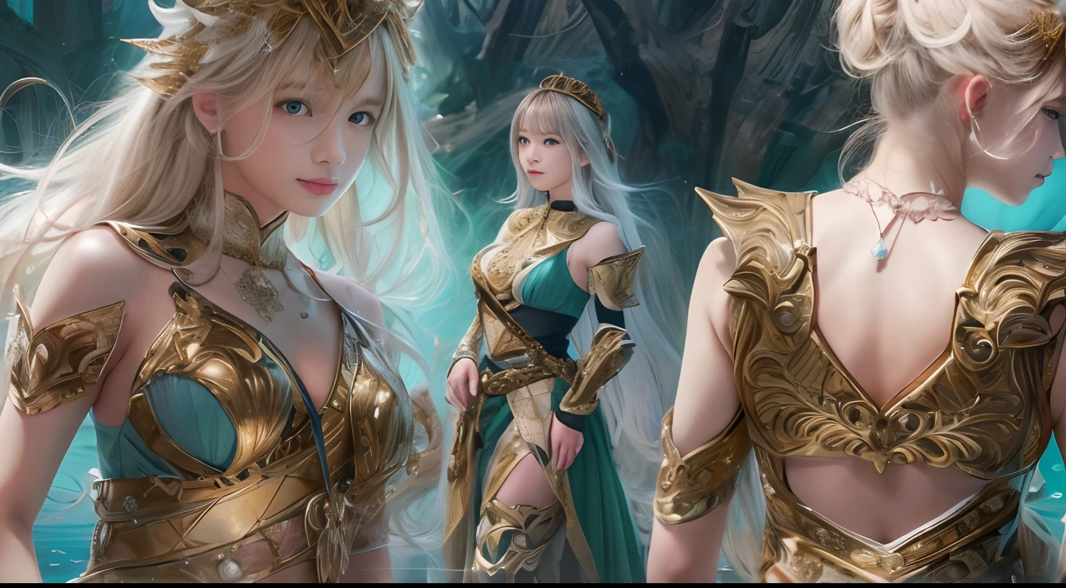 Side full body outdoor plaza,Multiplayer duels,Rivers of blood flow,Water Goddess 32K,复杂,ellegance,highly detailed,A majestic,Digital photography,Autumn gold thread lenses,surrealism painting,Broken rubies,Beating magic,Entwined water magic,(tmasterpiece,Cinematic light,Fine beautiful eyes:1.2),hdr,Void 5 Energy Storm,(China 1 girl,Black eyes:1.5),Onlookers(sitting on the stone:1.5),delicated face,Black color hair,Put on palatial gold armor,A lot of people grass,Beautiful light blue armor,big breasts beautiful,looking at viewert,Cinematic shots,tmasterpiece,Side whole body,