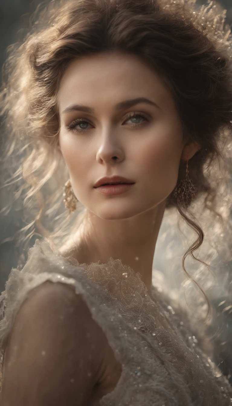 (Best quality,Ultra-detailed,Realistic:1.37),Image of a woman in a flowing chiffon dress,Beautiful and delicate face and lips,Elaborate Eyes,Long eyelashes,Peaceful night sky,The stars twinkle,Ethereal atmosphere