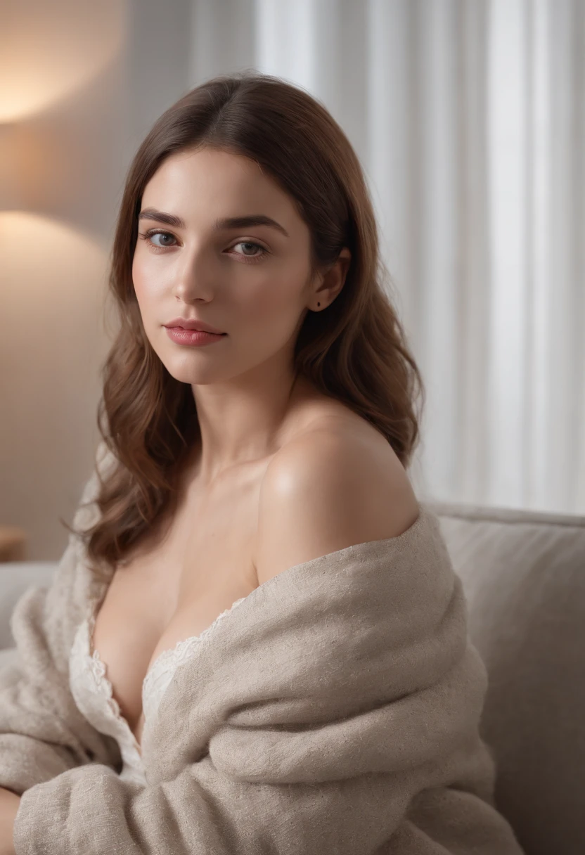 Girl sitting on a cozy sofa, Luz suave, fotorrealista, hiperrealista, ultrarrealista, High resolution, 8K resolution, 8k, 8kres, Detalles altos, detallado e intrincado, Detalles intrincados, Detalles de gran intrincado, Cantidad absurda de detalles, Super resolution, UltraHD, Foto cuerpo completo, cuerpo completo