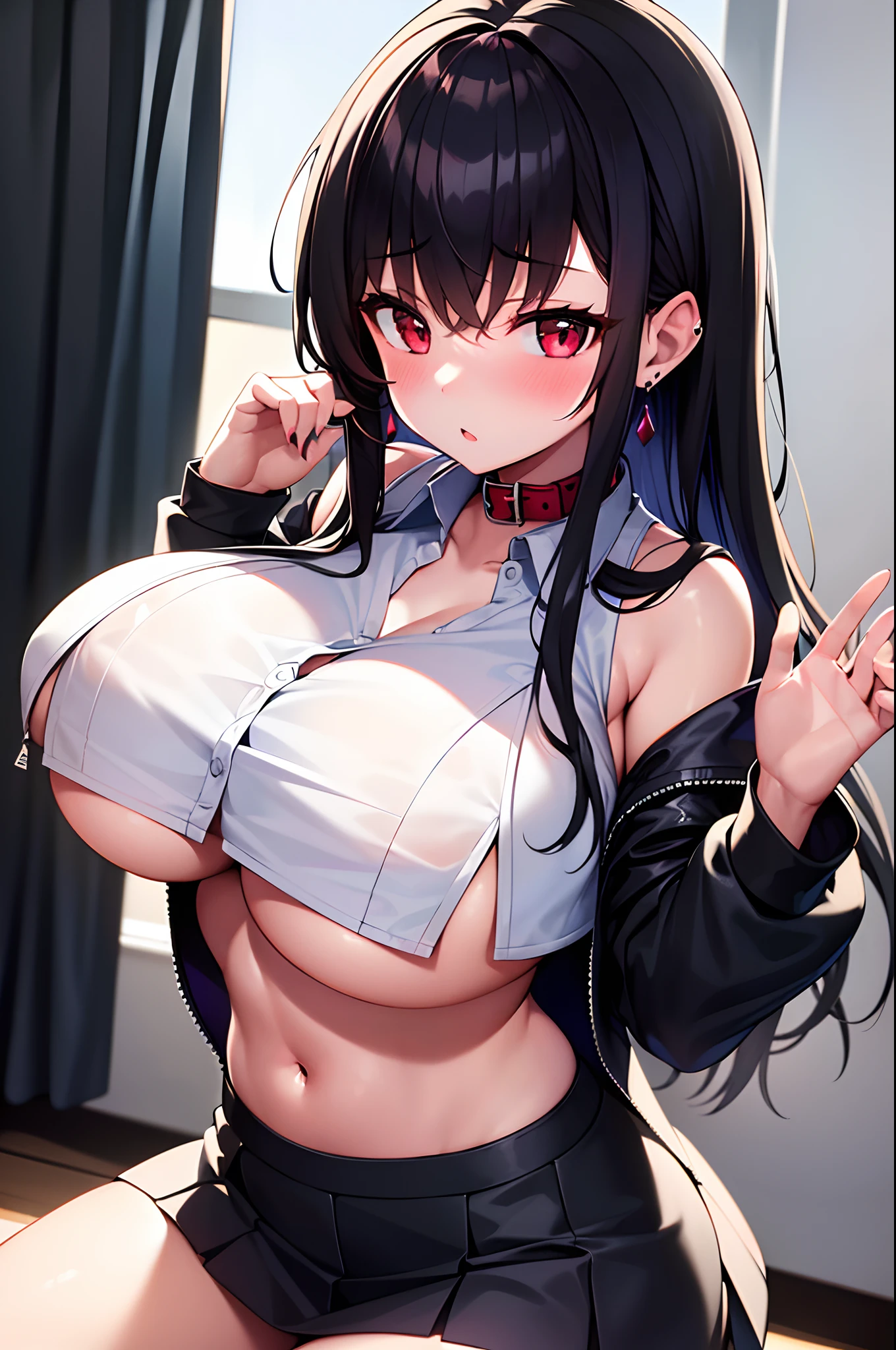 1girl, absurdres, high res, ultrasharp, 8K, masterpiece, looking at viewer, human, thighs, breasts, huge breasts, cleavage, underboob, long hair, black hair, red eyes, earrings, collar, crop top, open jacket, skirt, naval, blush, transparent