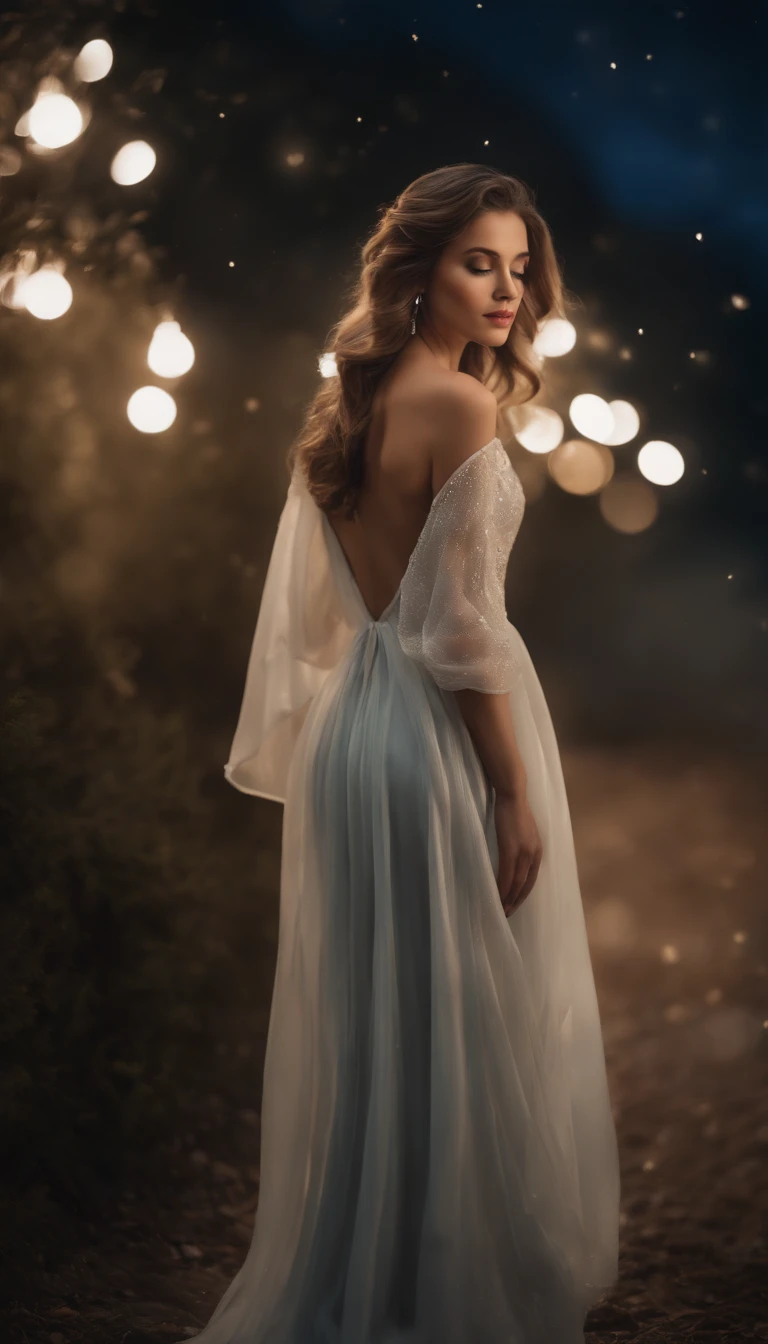 (Best quality,Ultra-detailed,Realistic:1.37),Image of a woman in a flowing chiffon dress,Beautiful and delicate face and lips,Elaborate Eyes,Long eyelashes,Peaceful night sky，The stars twinkle,Ethereal atmosphere