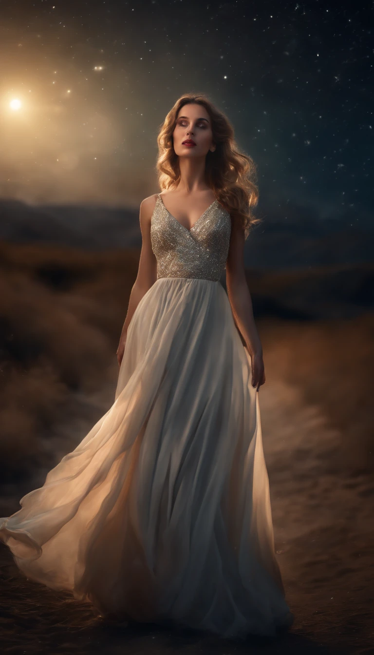 (Best quality,Ultra-detailed,Realistic:1.37),Image of a woman in a flowing chiffon dress,Beautiful and delicate face and lips,Elaborate Eyes,Long eyelashes,Peaceful night sky，The stars twinkle,Ethereal atmosphere