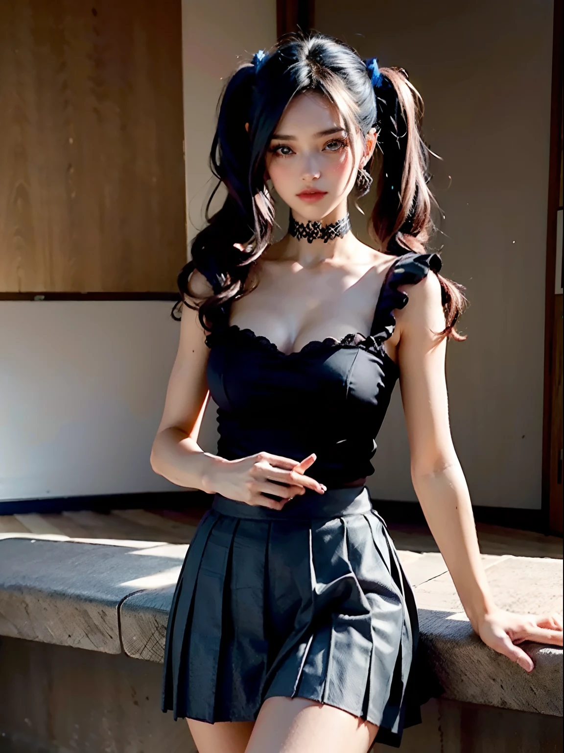 1fille, Twintails, cheveux noir, ornement de cheveux, hair over one eye, yeux bleus, cheveux bleus, sourire, arc, seulement, dedans, Makeup, pleated skirt, cheveux longs, frange, ongles roses, ouvrir bouche ,La plus belle forme de chaos, elegant, a brutalist designed, couleurs vives, romantisme, atmospheric, (Photo brute, Best quality), (Realstic, photo-realistic:1.3), Masterpiece, an extremely delicate and beautiful, Extremely detailed, assis,