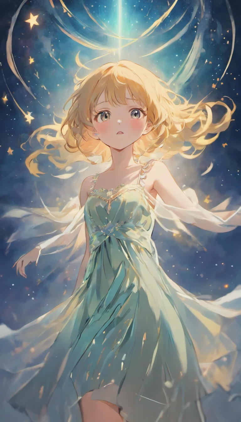 (Best quality,Ultra-detailed,Realistic:1.37),Image of a woman in a flowing chiffon dress,Beautiful and delicate face and lips,Elaborate Eyes,Long eyelashes,Peaceful night sky，The stars twinkle,Ethereal atmosphere