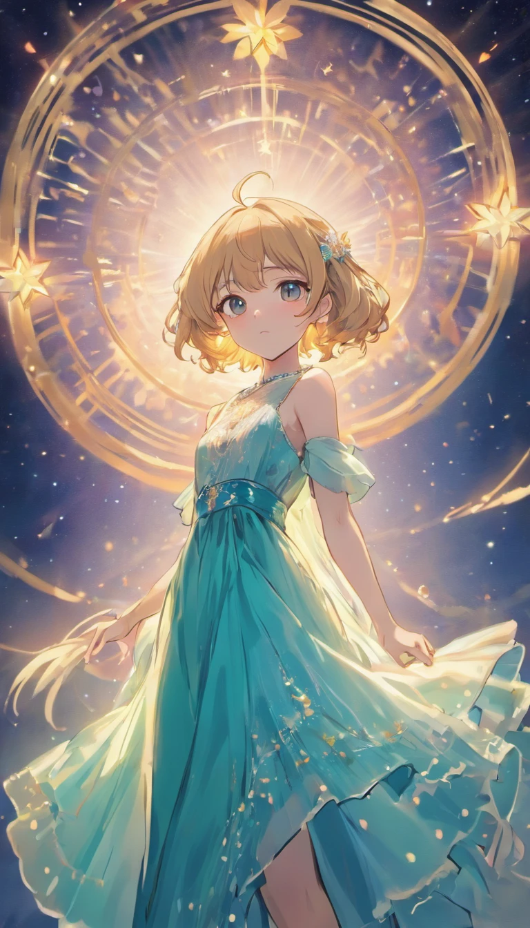 (Best quality,Ultra-detailed,Realistic:1.37),Image of a woman in a flowing chiffon dress,Beautiful and delicate face and lips,Elaborate Eyes,Long eyelashes,Peaceful night sky,The stars twinkle,Ethereal atmosphere