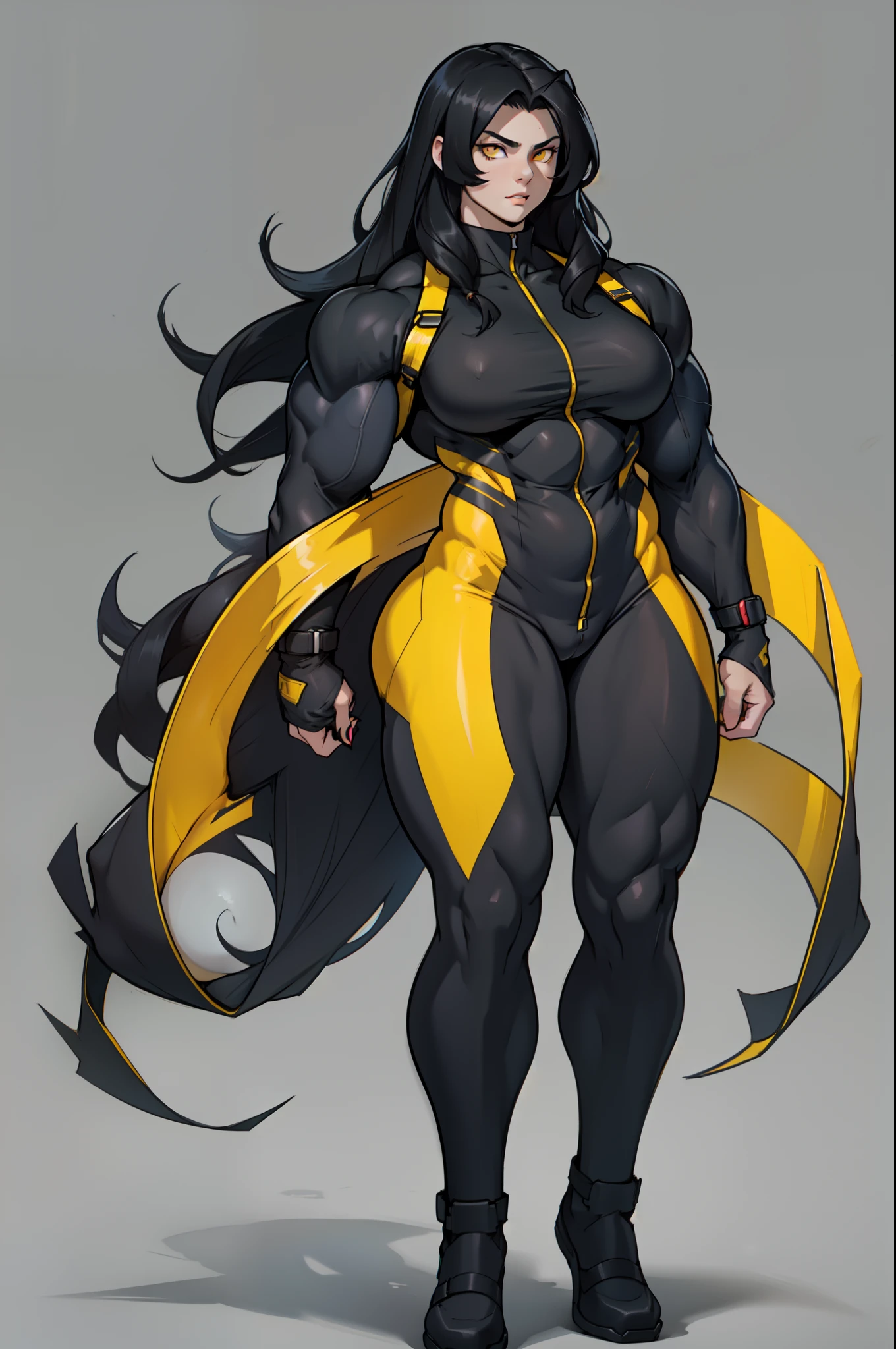 ((very long hair)), ((grey background)), (((((1 girl))))), black hair, yellow eyes, ((((((muscular)))))), tall, pale skin, (full body), bodysuit, (solo), curvy, wide hips, thick thighs, big breasts