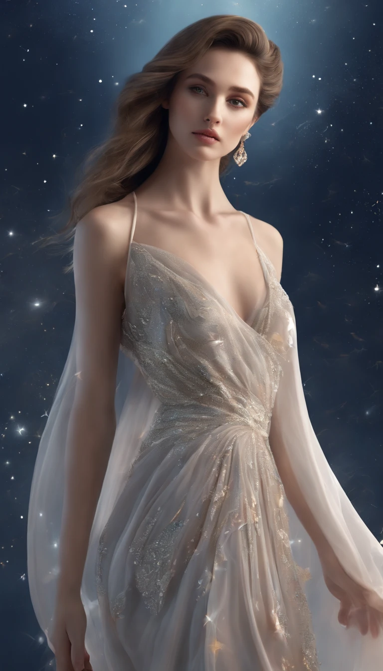 (Best quality,Ultra-detailed,Realistic:1.37),Image of a woman in a flowing chiffon dress,Beautiful and delicate face and lips,Elaborate Eyes,Long eyelashes,Peaceful night sky,The stars twinkle,Ethereal atmosphere
